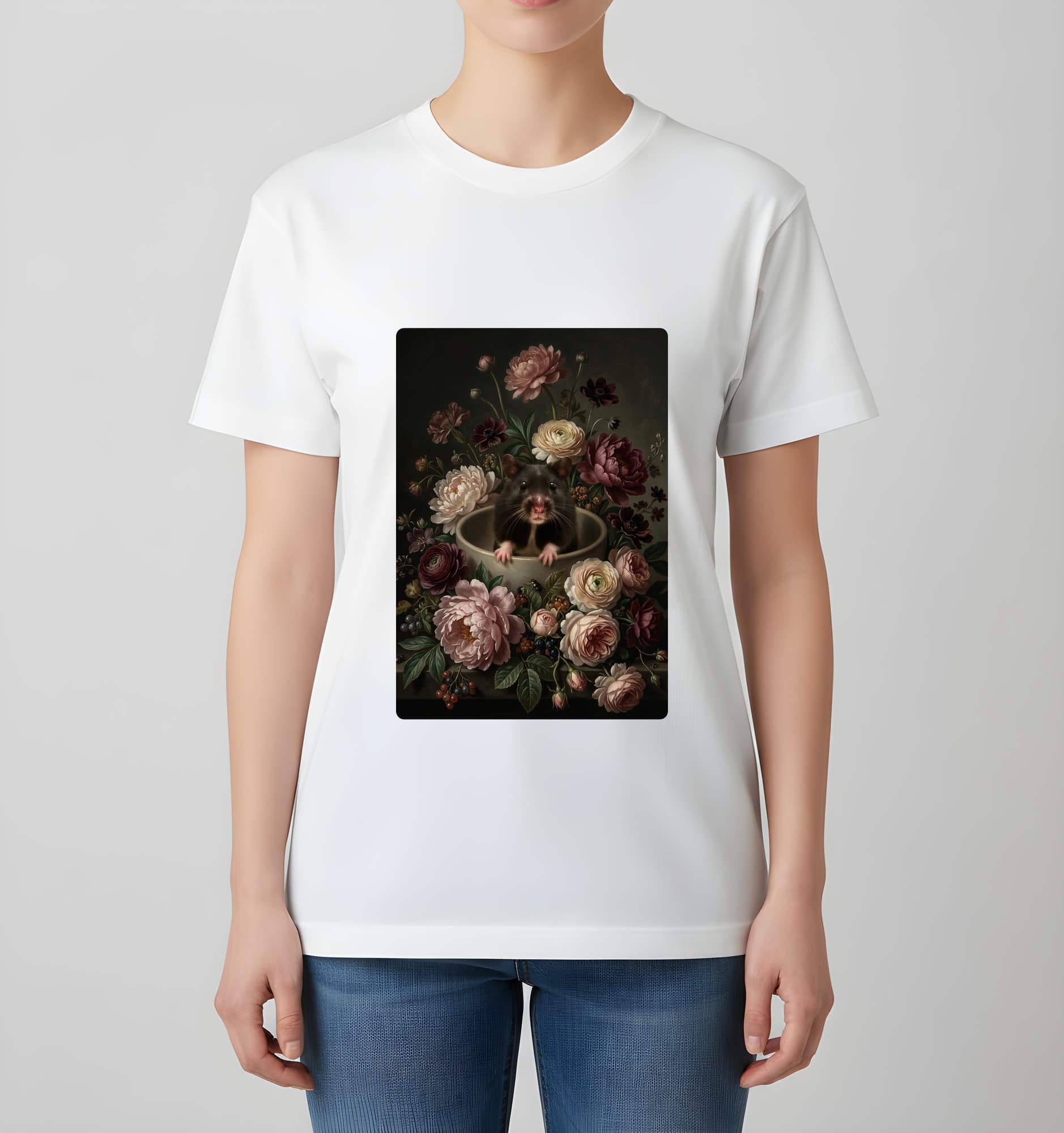 ブラックベアハムスターの花の油絵風アート花柄Tシャツ(ホワイト) 4