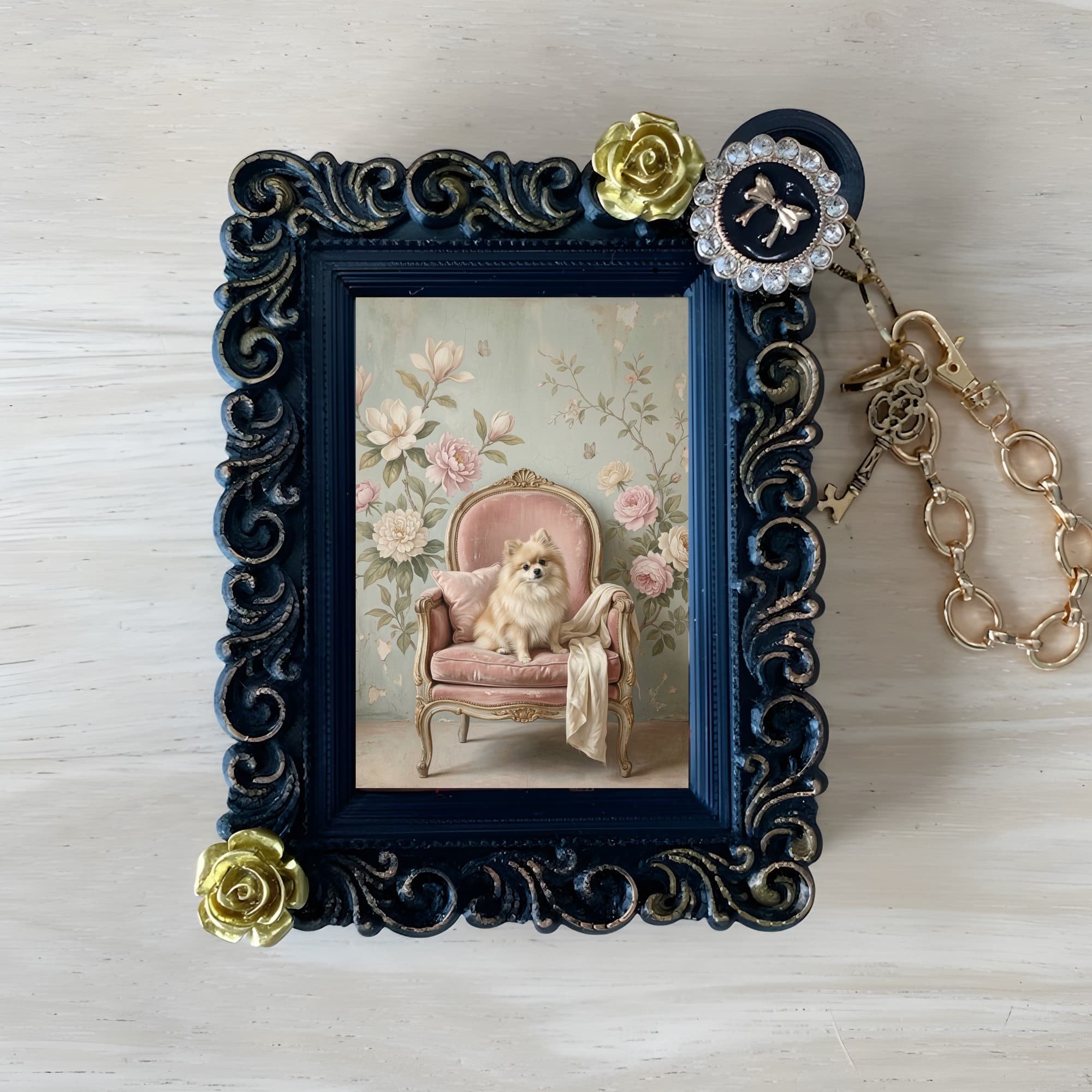 Pomeranian Shabby Pink Oil-Painting Rococo Bag Charm (Black)
