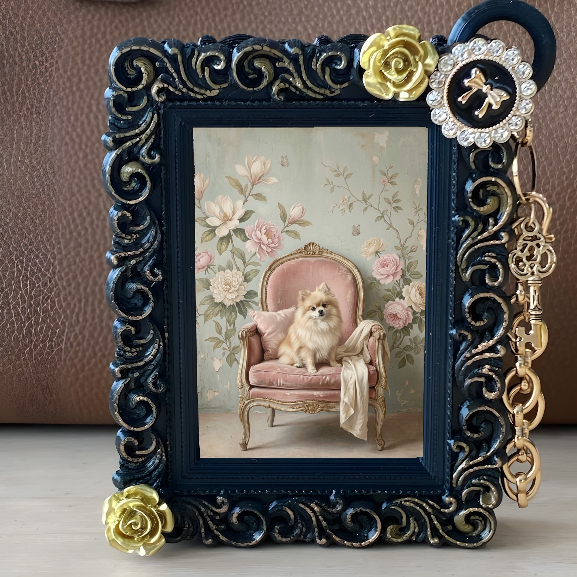 Pomeranian Shabby Pink Oil-Painting Rococo Bag Charm (Black) 2