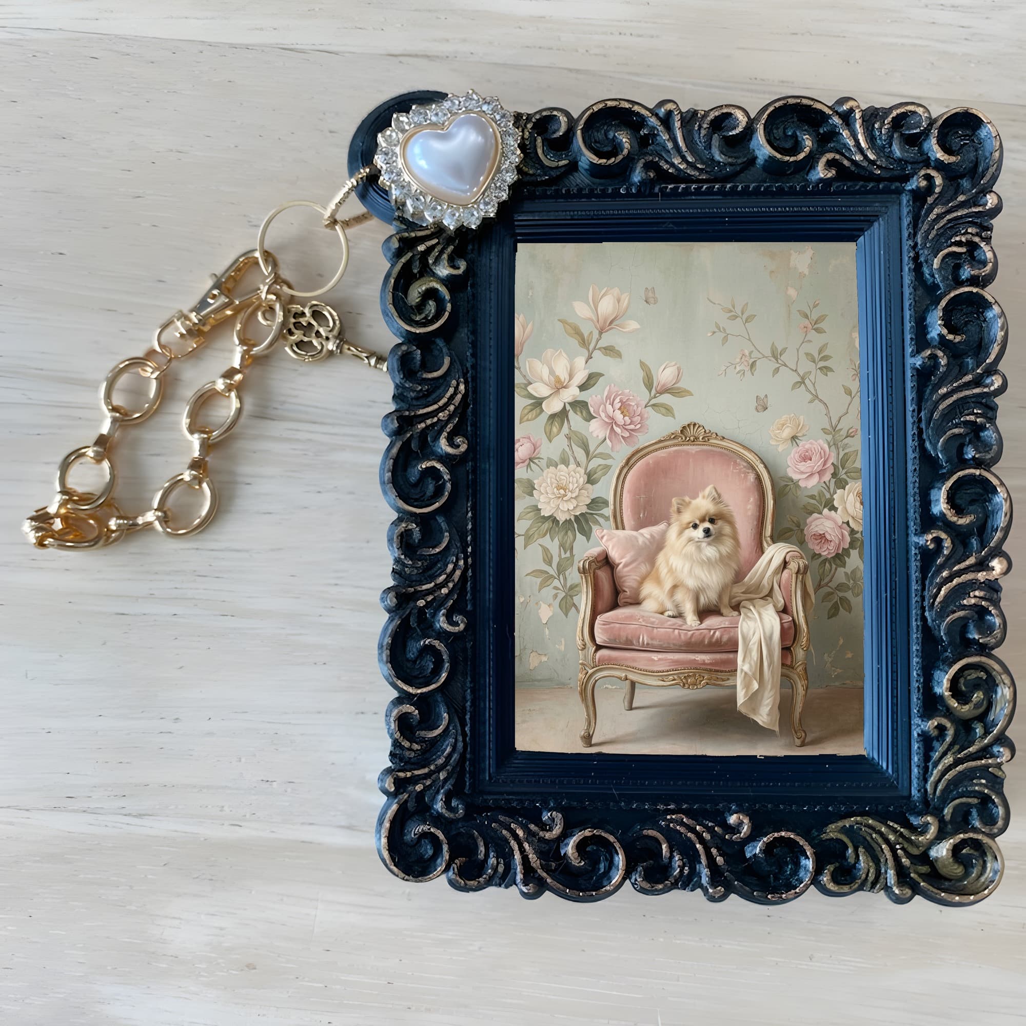 Pomeranian Shabby Pink Oil-Painting Rococo Bag Charm (Black) 4