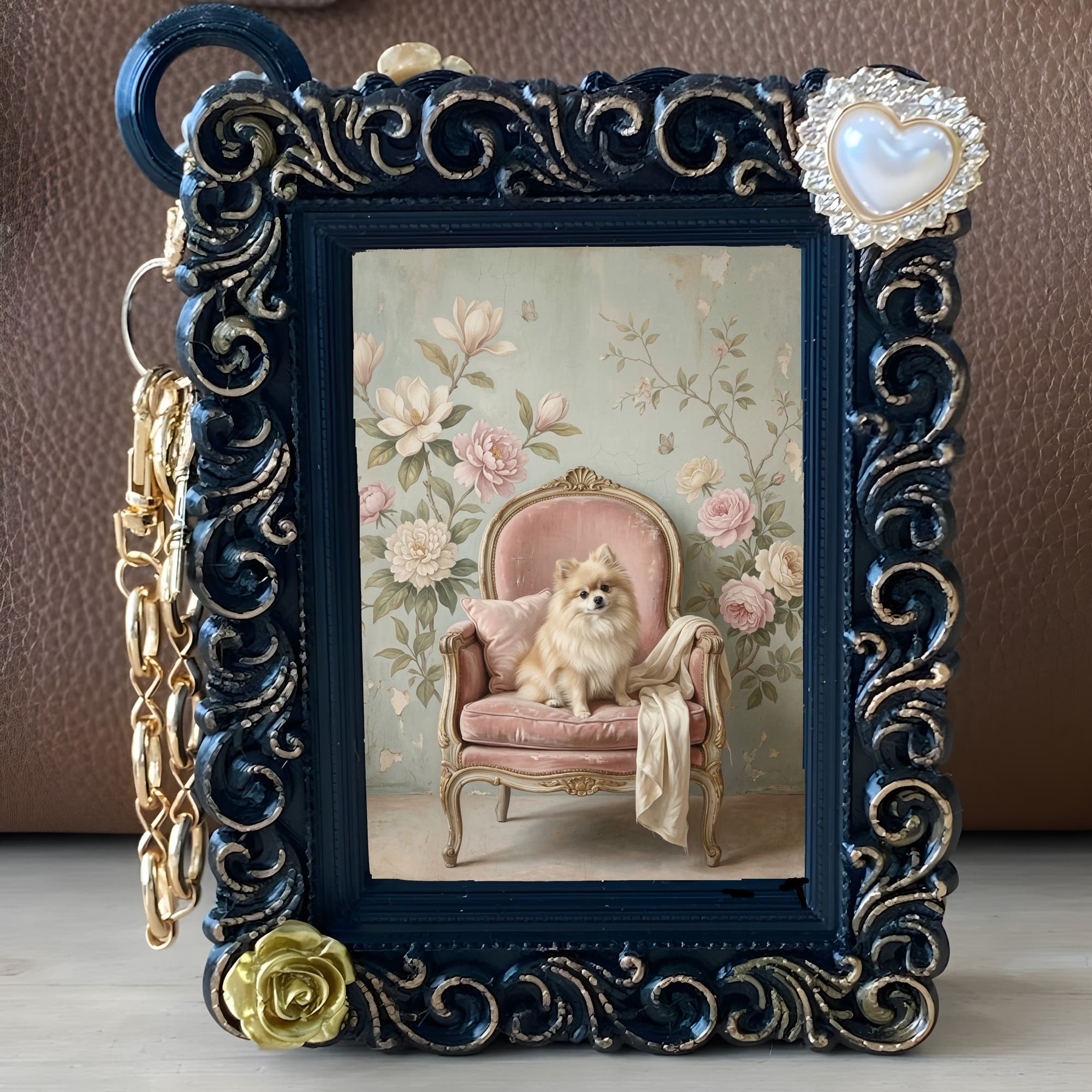 Pomeranian Shabby Pink Oil-Painting Rococo Bag Charm (Black) 5