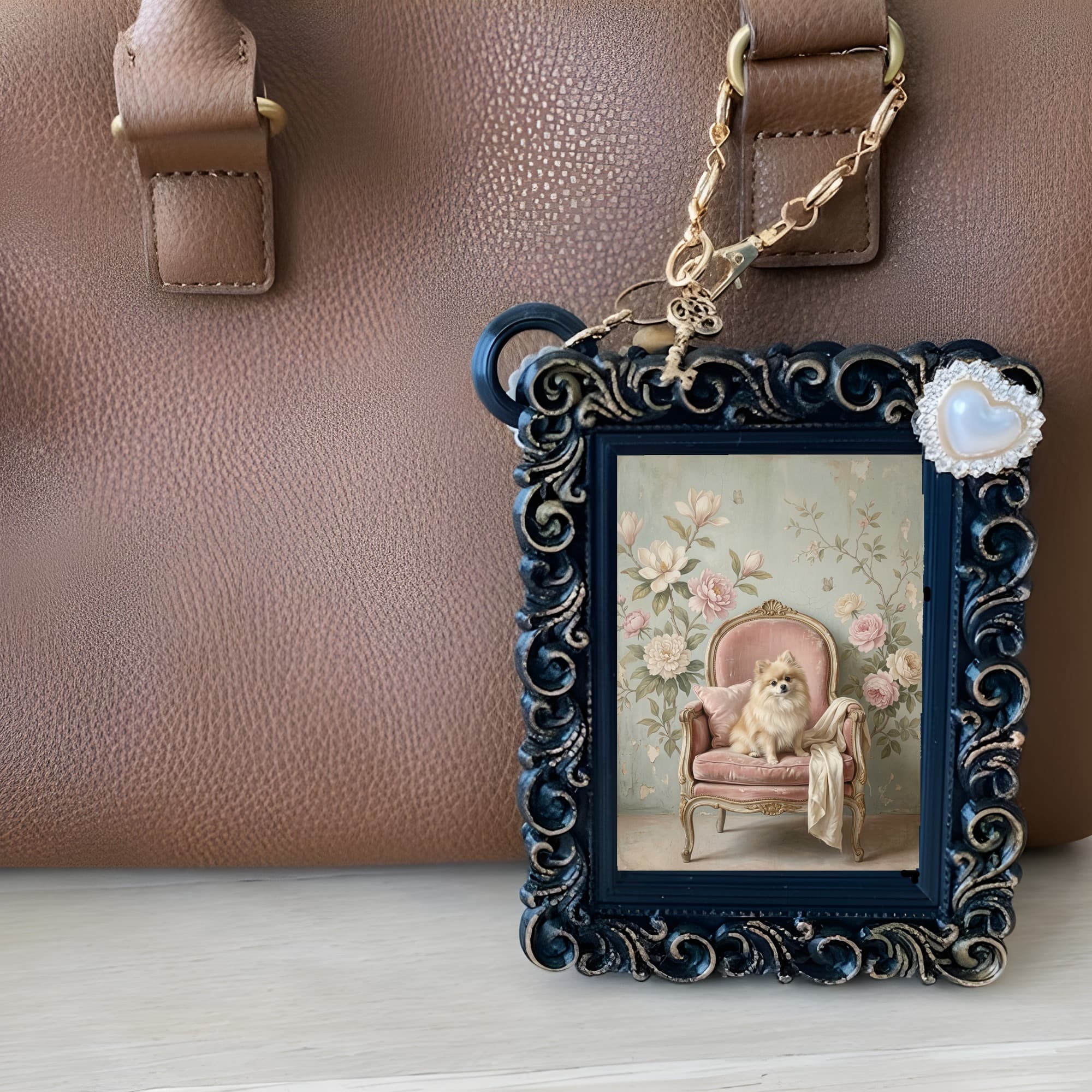 Pomeranian Shabby Pink Oil-Painting Rococo Bag Charm (Black) 6