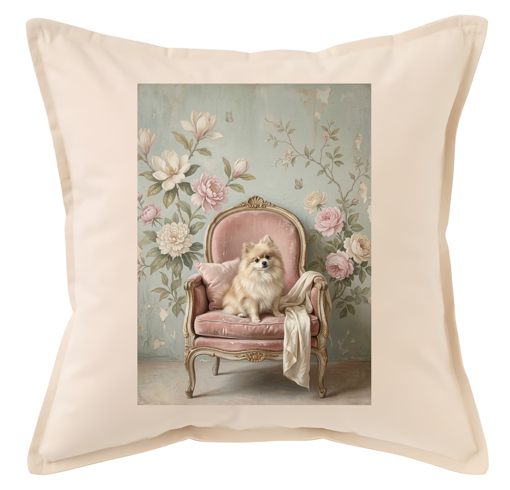 Pomeranian Shabby Pink Oil-Painting Rococo Cushion