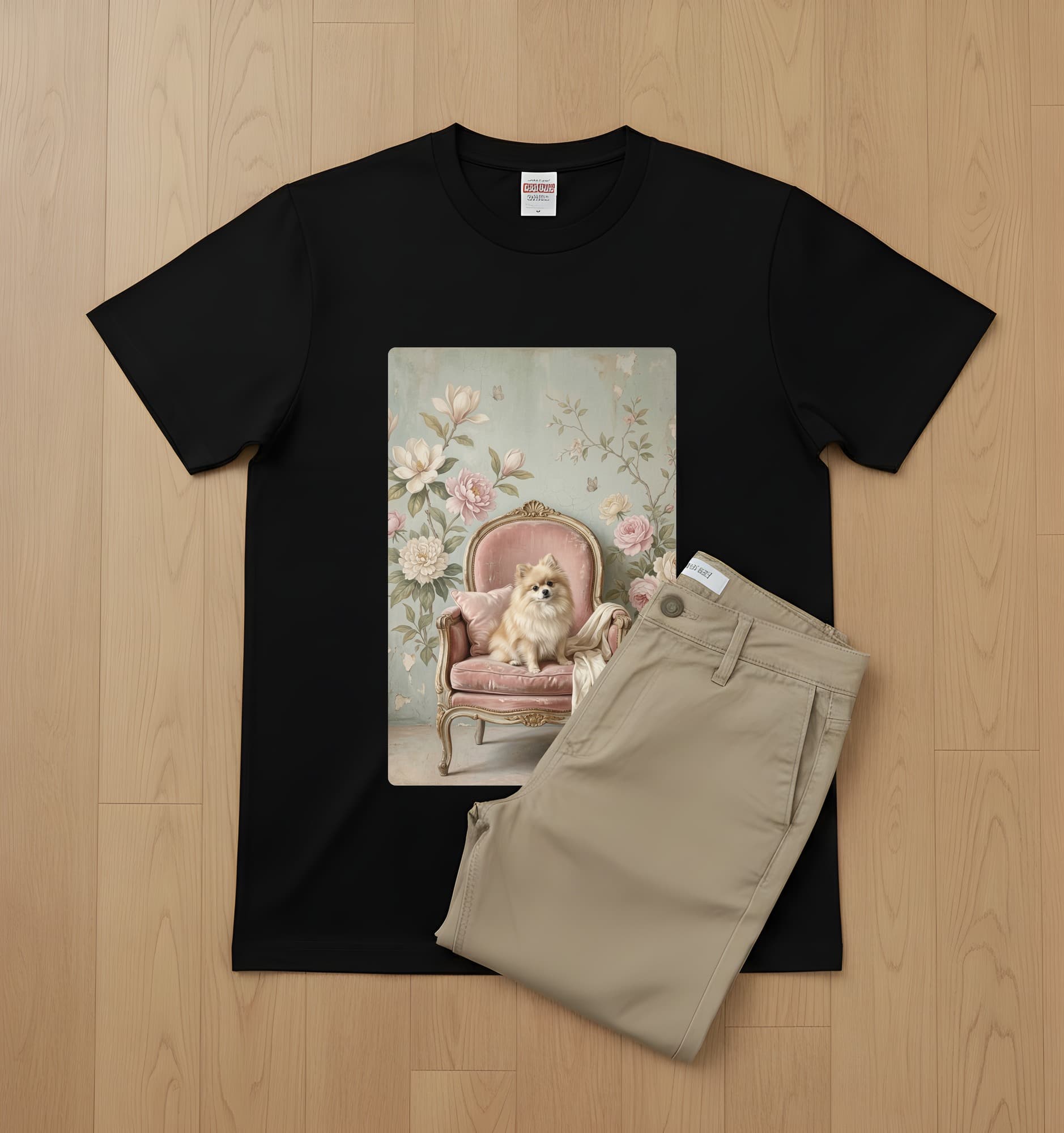 ポメラニアンのシャビーピンクの油絵風アートロココ調Tシャツ(ブラック) 2