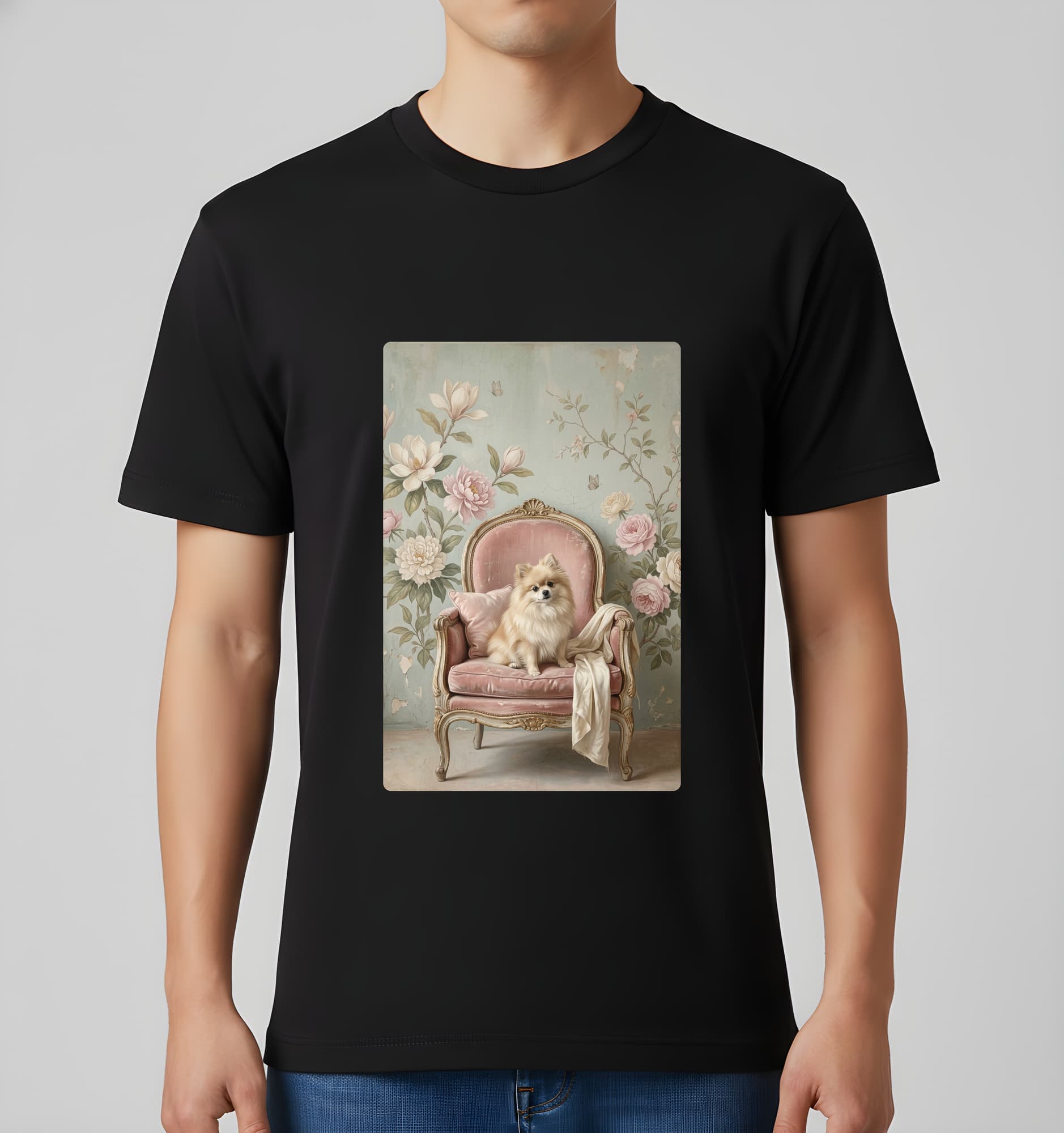 ポメラニアンのシャビーピンクの油絵風アートロココ調Tシャツ(ブラック) 3