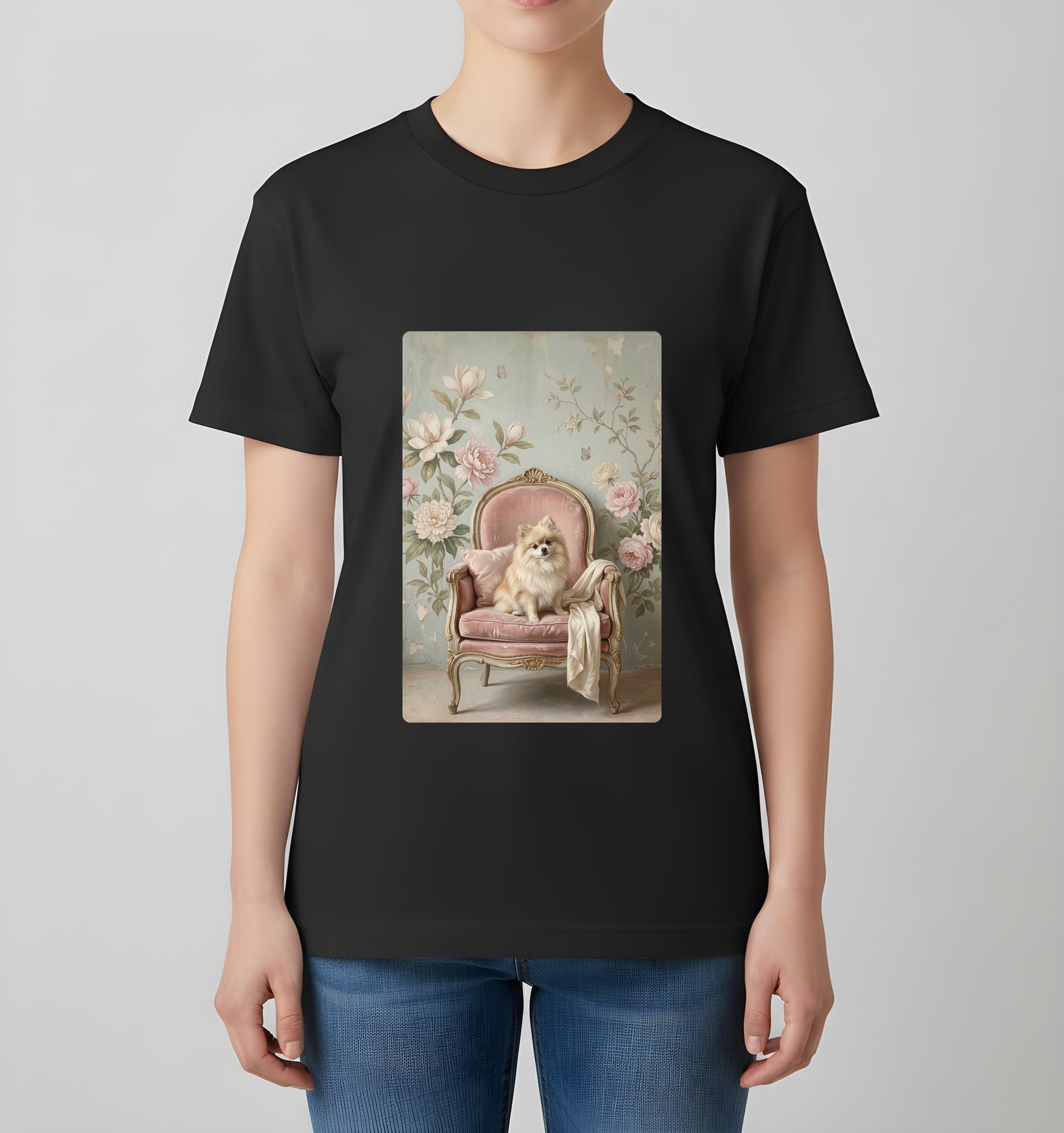 ポメラニアンのシャビーピンクの油絵風アートロココ調Tシャツ(ブラック) 4