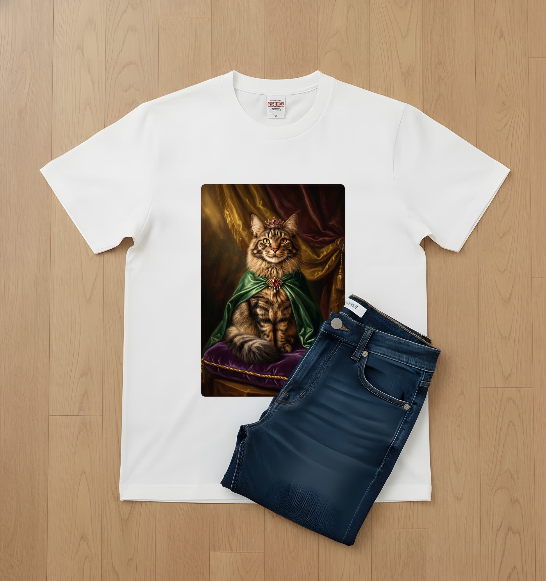メインクーンのルネサンス肖像画Tシャツ(ホワイト・カラープリント・額縁なし) 2