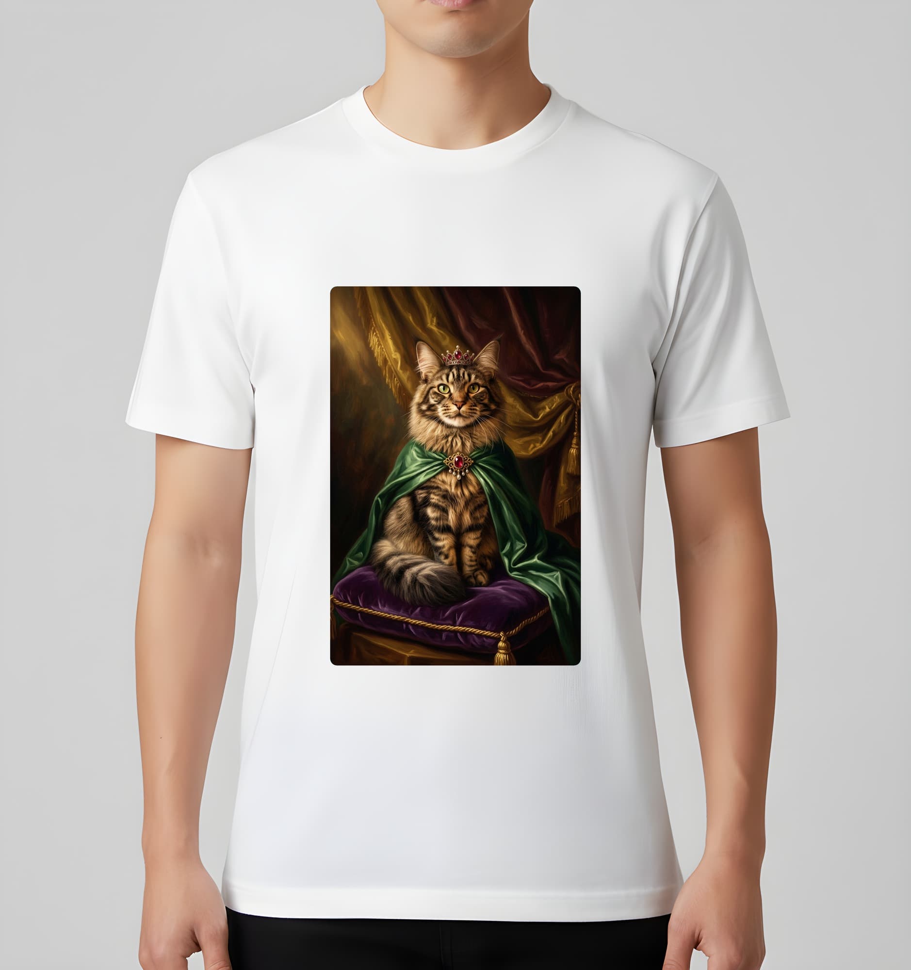 メインクーンのルネサンス肖像画Tシャツ(ホワイト・カラープリント・額縁なし) 3