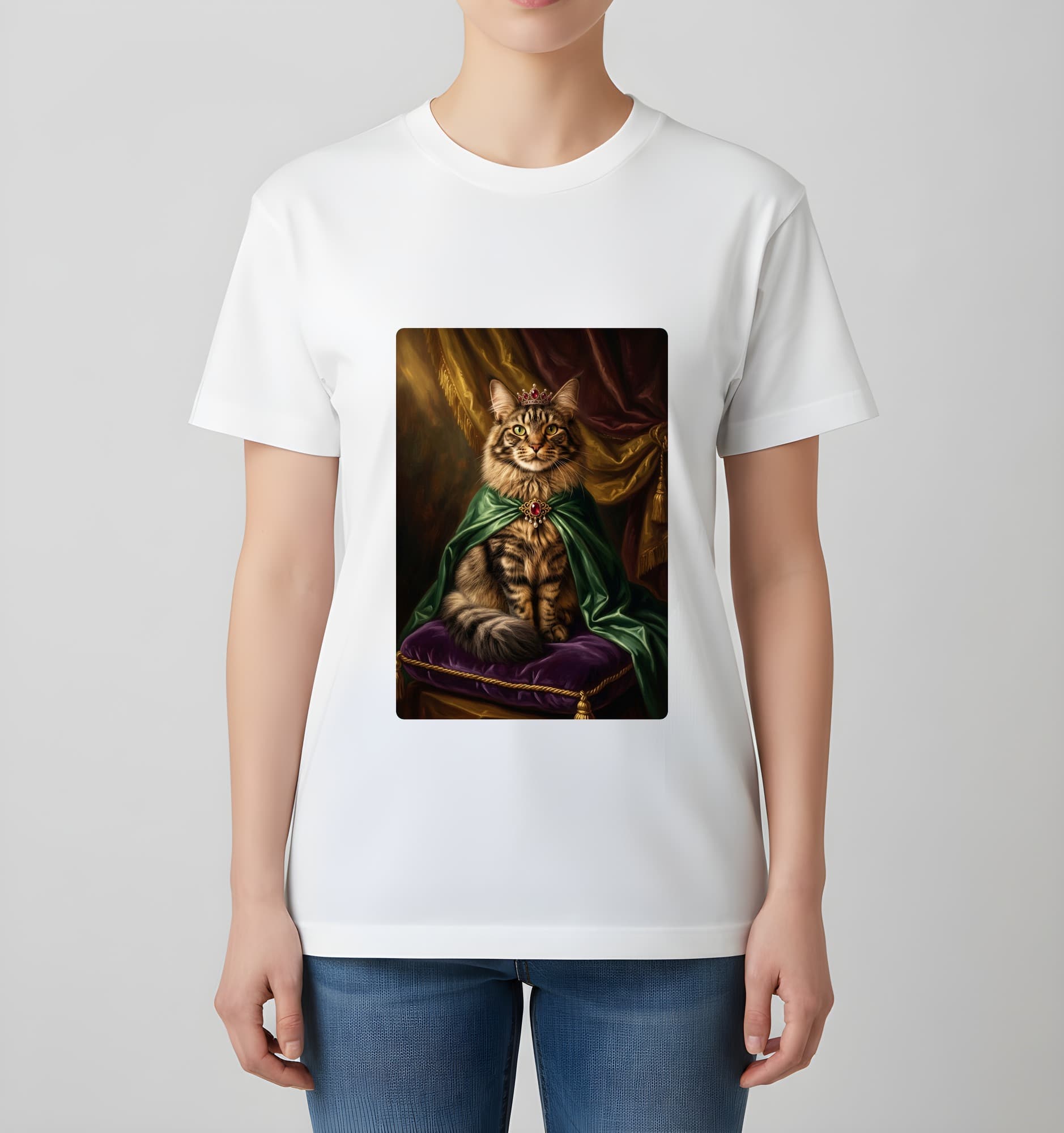 メインクーンのルネサンス肖像画Tシャツ(ホワイト・カラープリント・額縁なし) 4