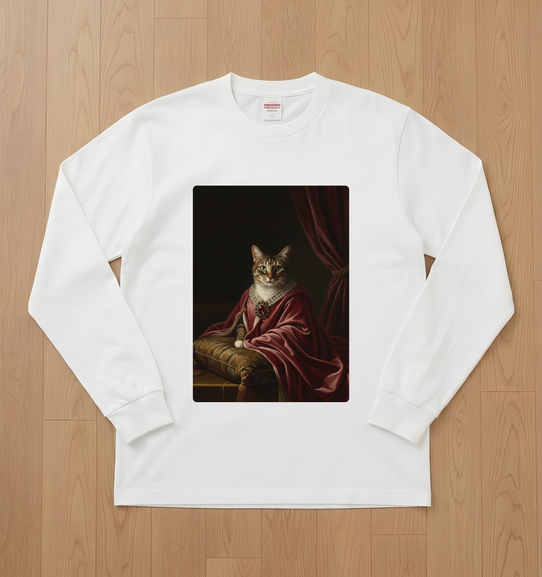 猫のルネサンス肖像画長袖Tシャツ(ホワイト)