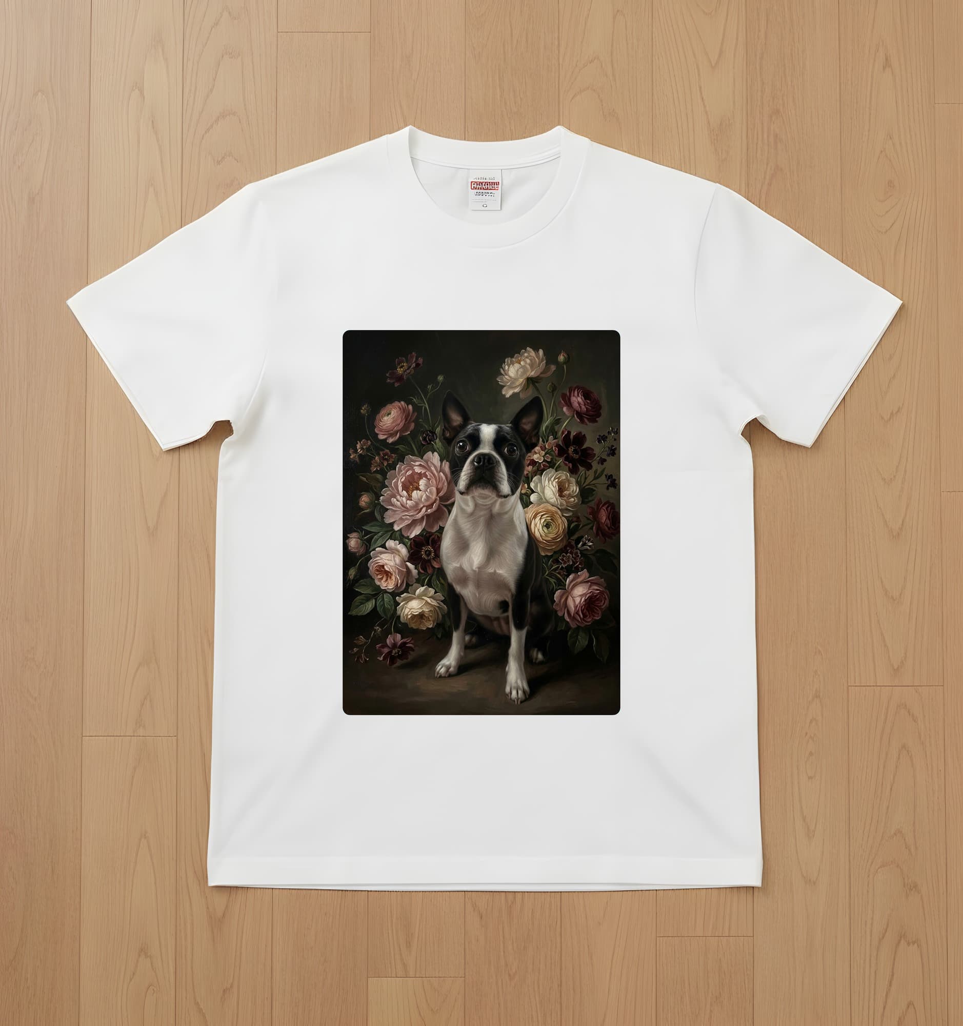ボストンテリアの花の油絵風アート花柄Tシャツ(ホワイト)