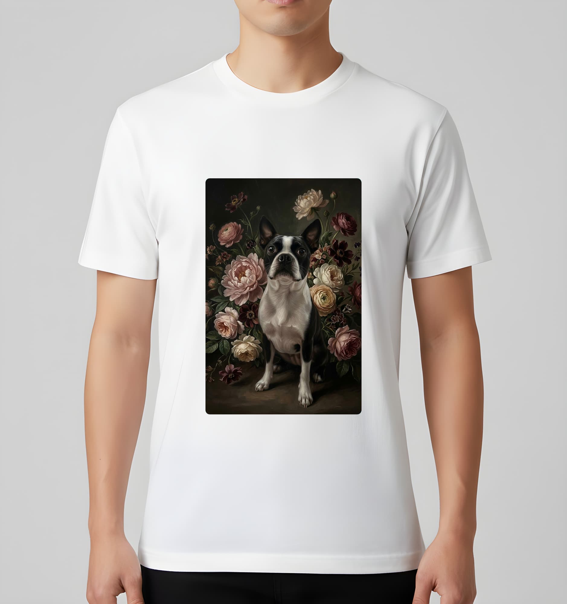 ボストンテリアの花の油絵風アート花柄Tシャツ(ホワイト) 3