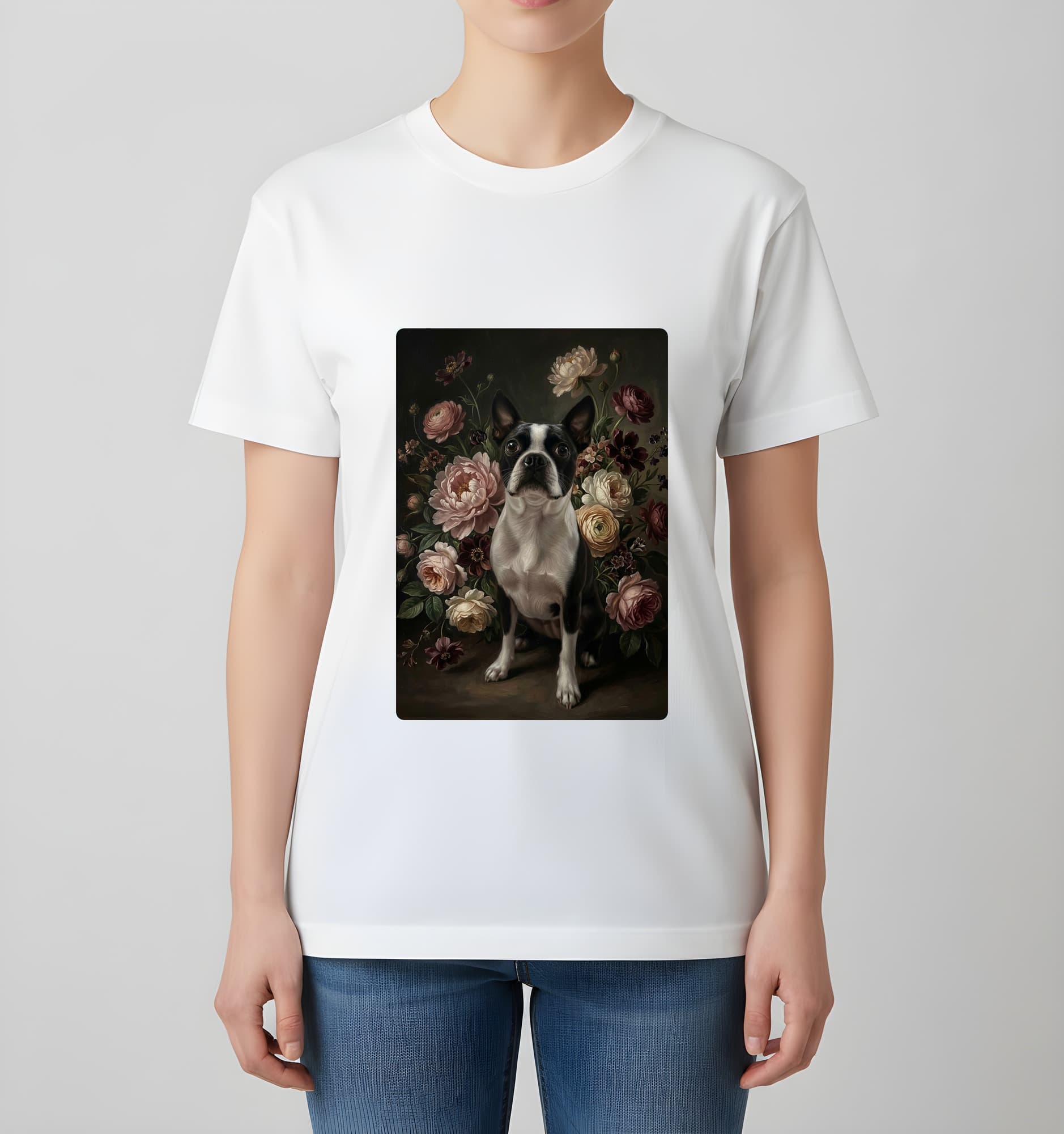 ボストンテリアの花の油絵風アート花柄Tシャツ(ホワイト) 4