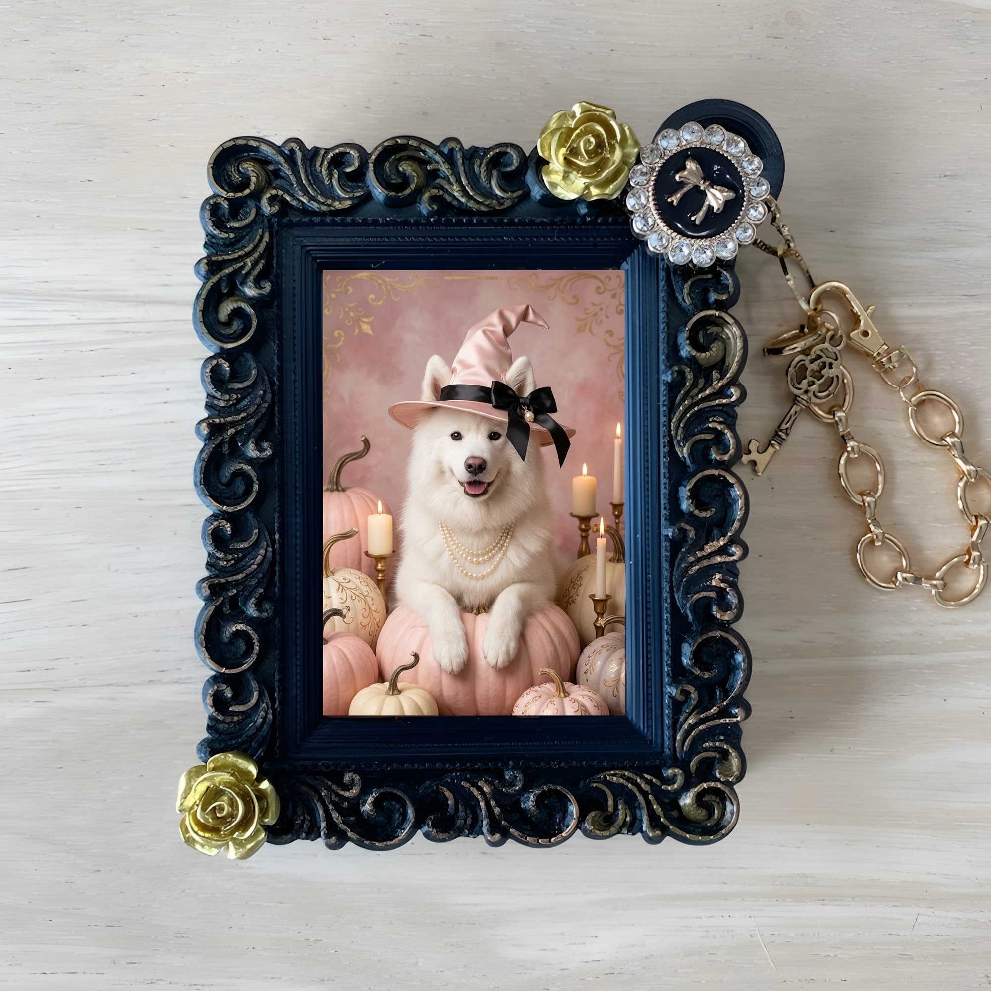 Samoyed Pumpkin & Candlelight Oil-Painting Halloween Bag Charm (Black)