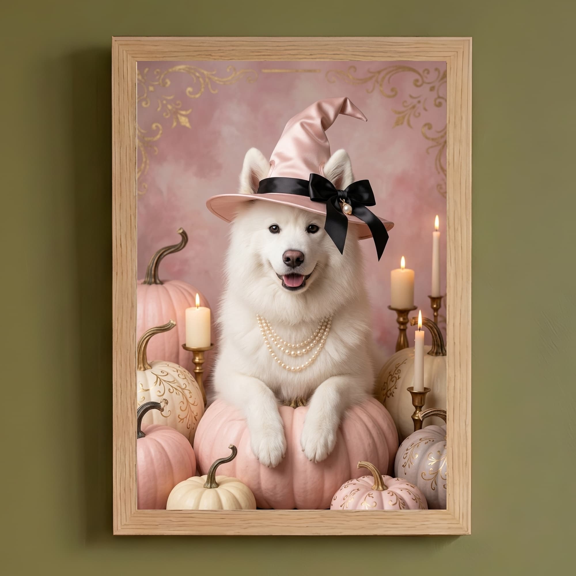 サモエドのかぼちゃとキャンドルの油絵風アートハロウィン額装プリント(A4サイズ)