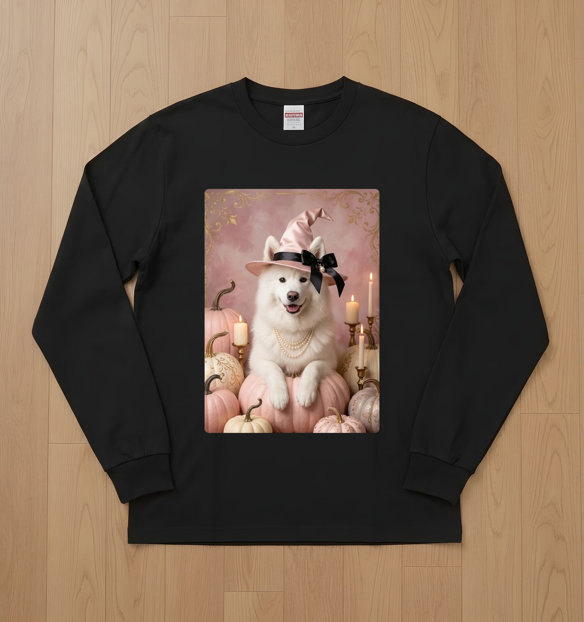 Samoyed Pumpkin & Candlelight Oil-Painting Halloween Long Sleeve T-Shirt (Black)