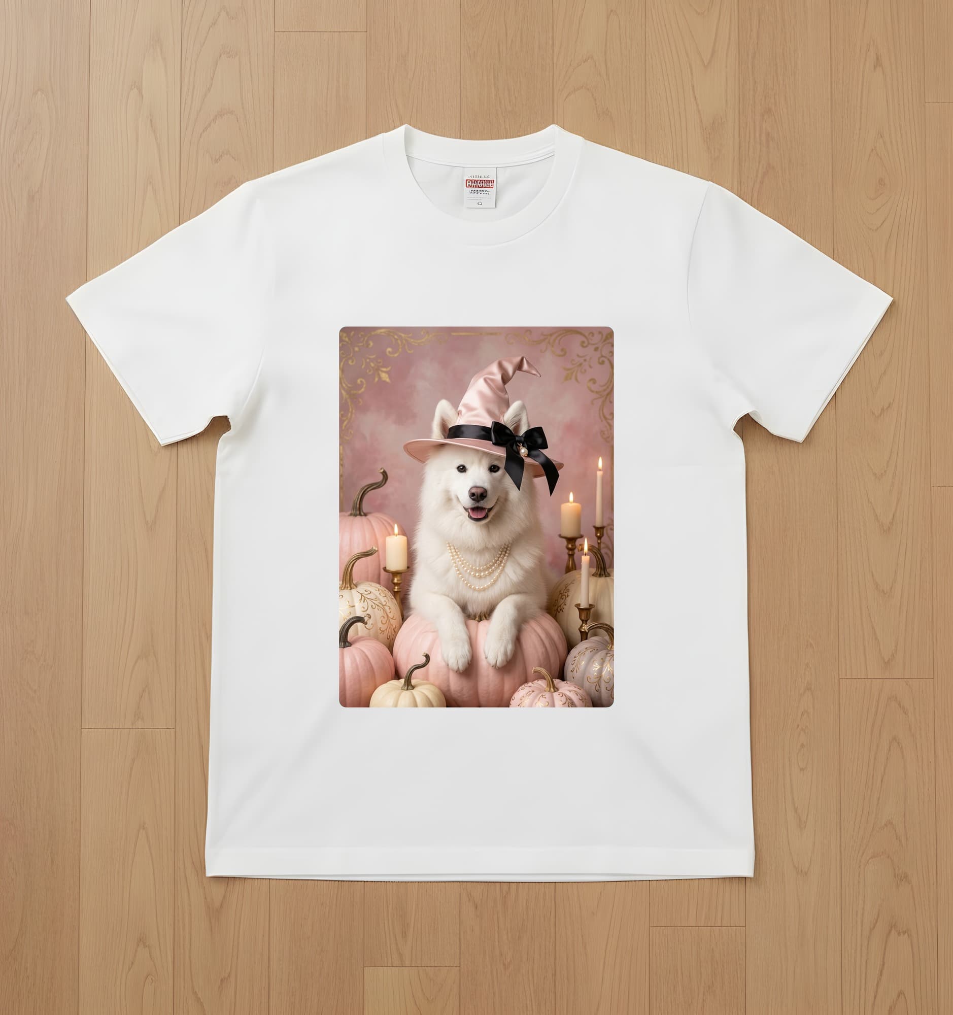 Samoyed Pumpkin & Candlelight Oil-Painting Halloween T-Shirt (White)