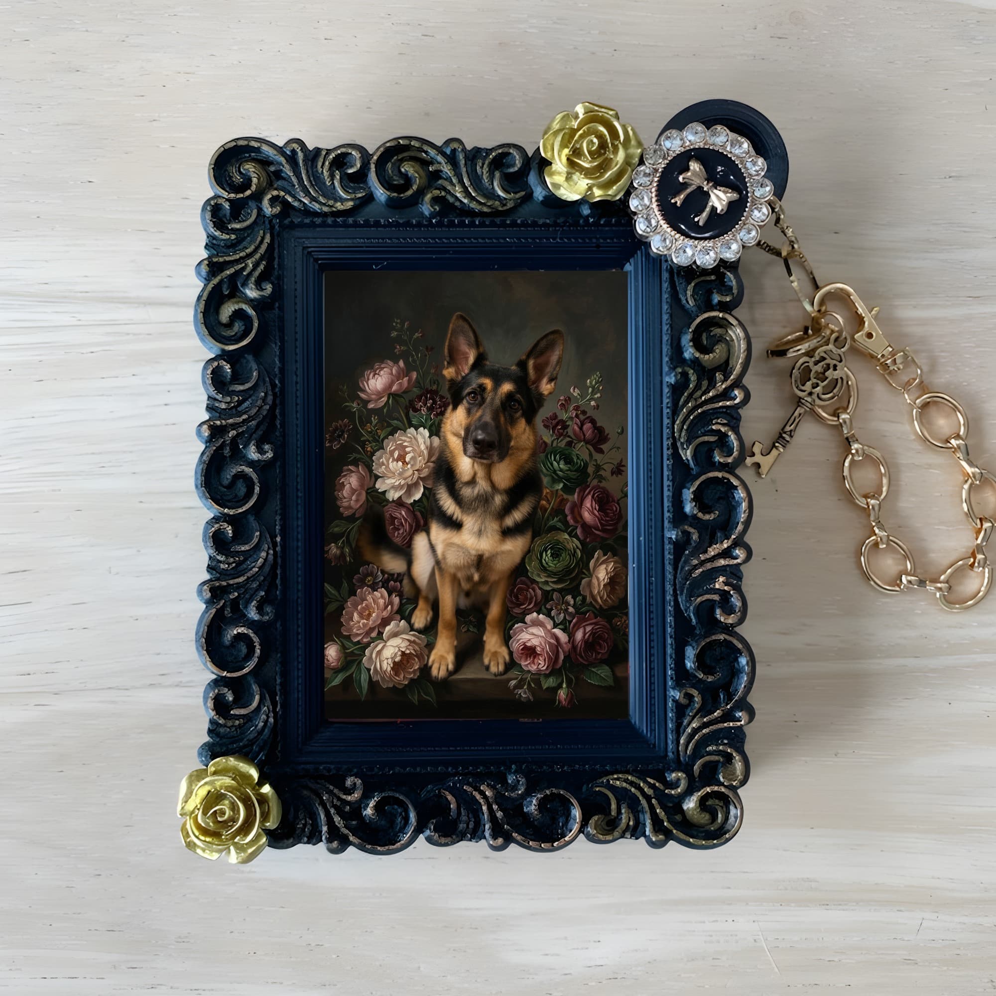 German shepherd Floral Oil-Painting Floral Bag Charm (Black)