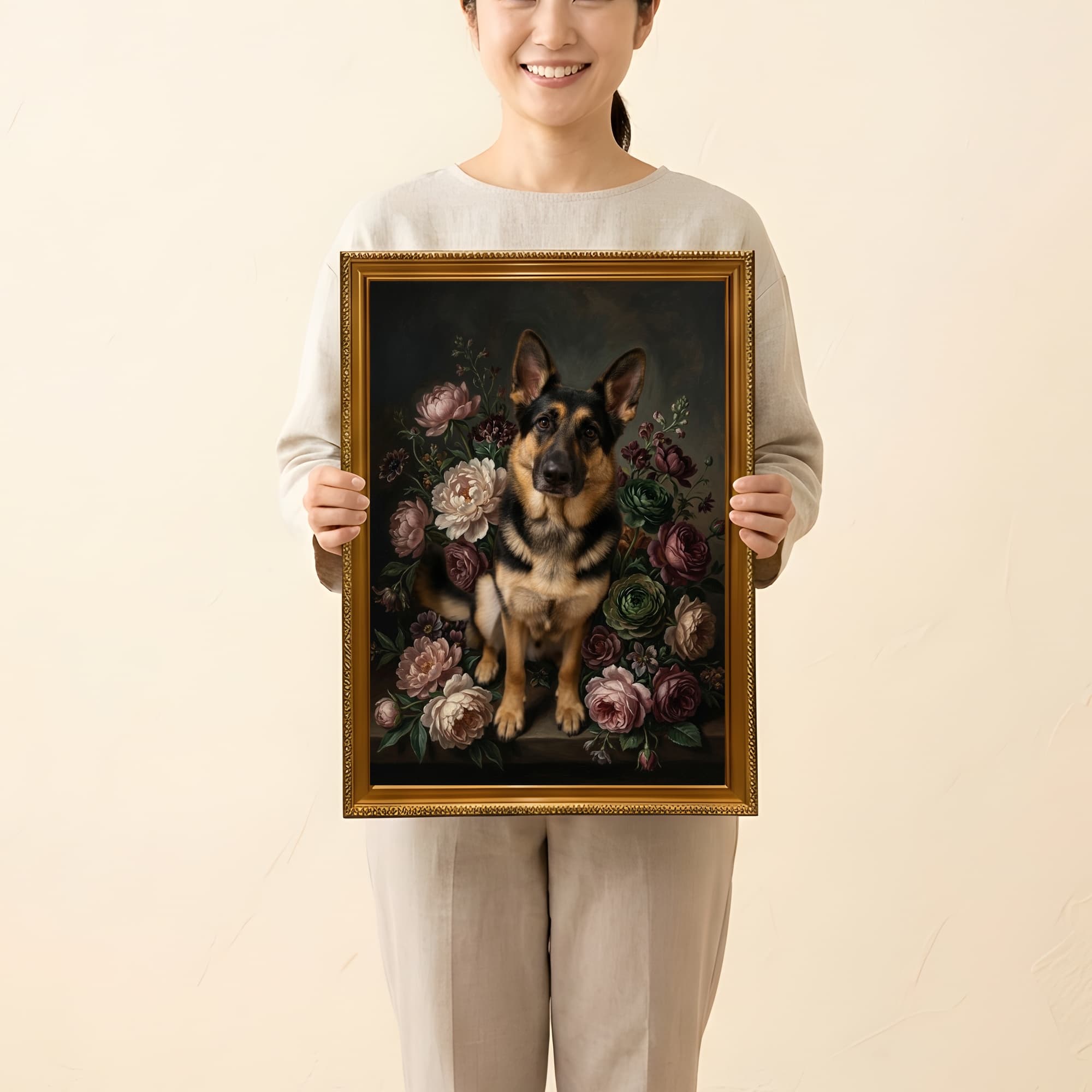ジャーマンシェパードの花の油絵風アート花柄額装プリント(A3サイズ) 2