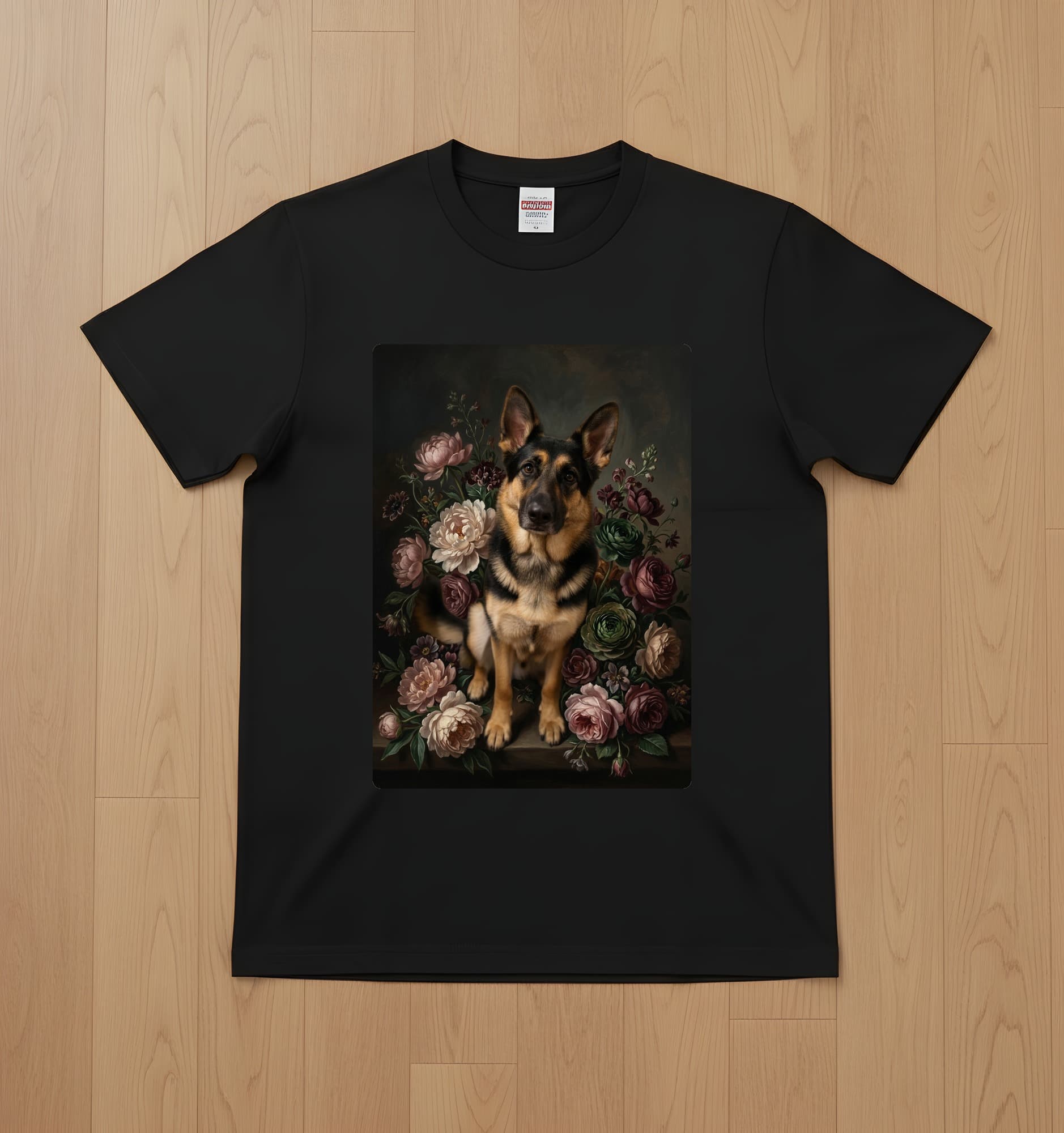 ジャーマンシェパードの花の油絵風アート花柄Tシャツ(ブラック)