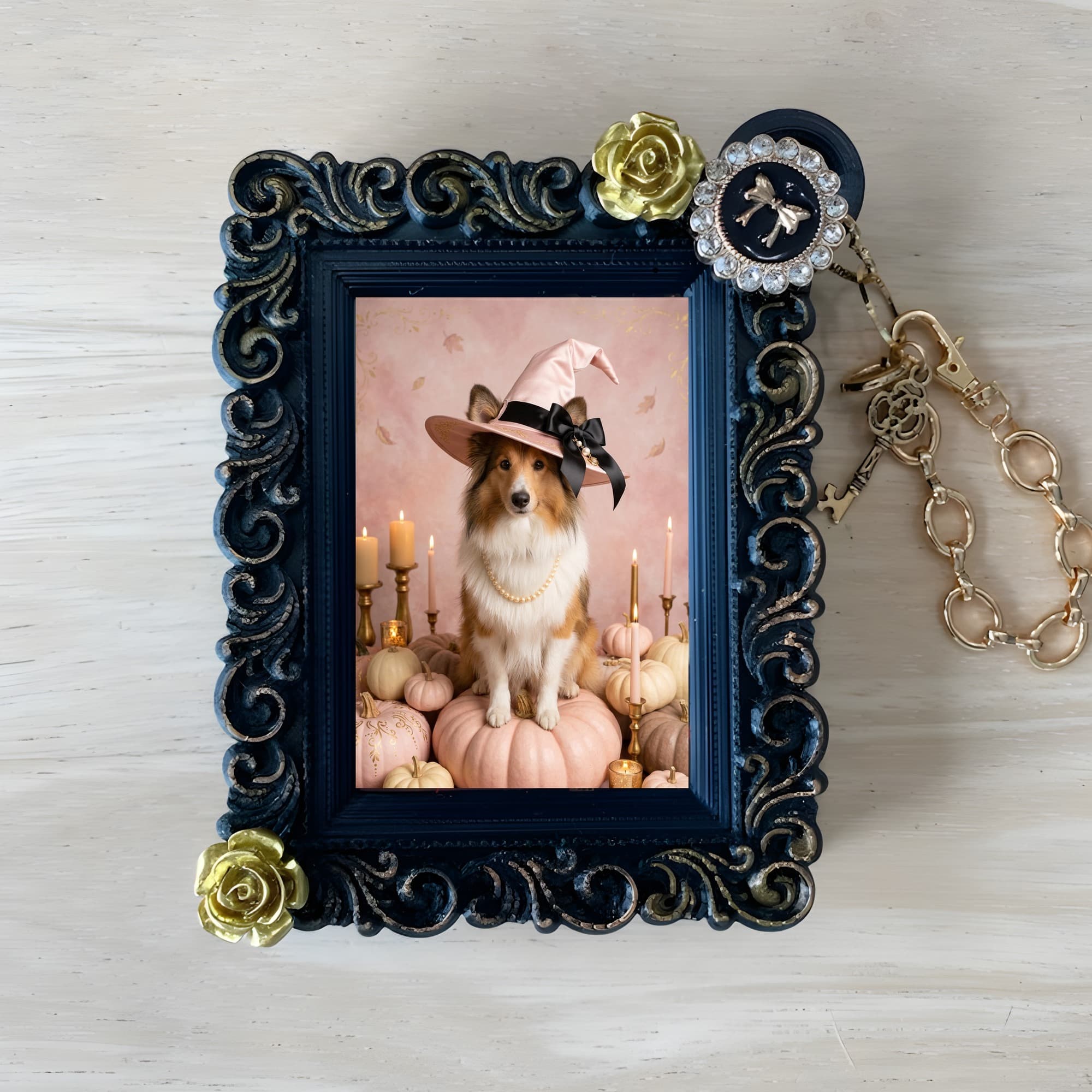 Shetland sheepdog Pumpkin & Candlelight Oil-Painting Halloween Bag Charm (Black)