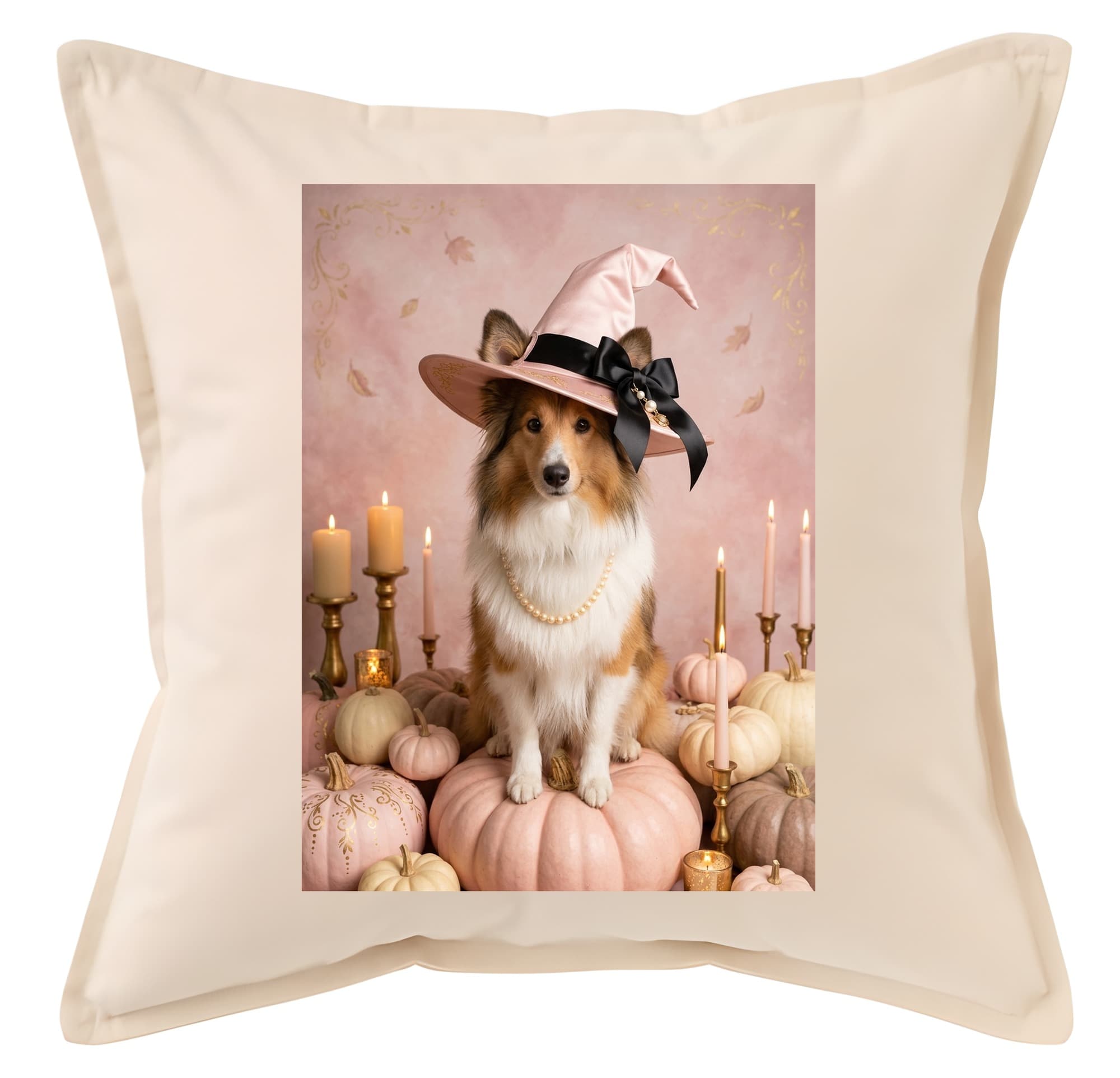 Shetland sheepdog Pumpkin & Candlelight Oil-Painting Halloween Cushion