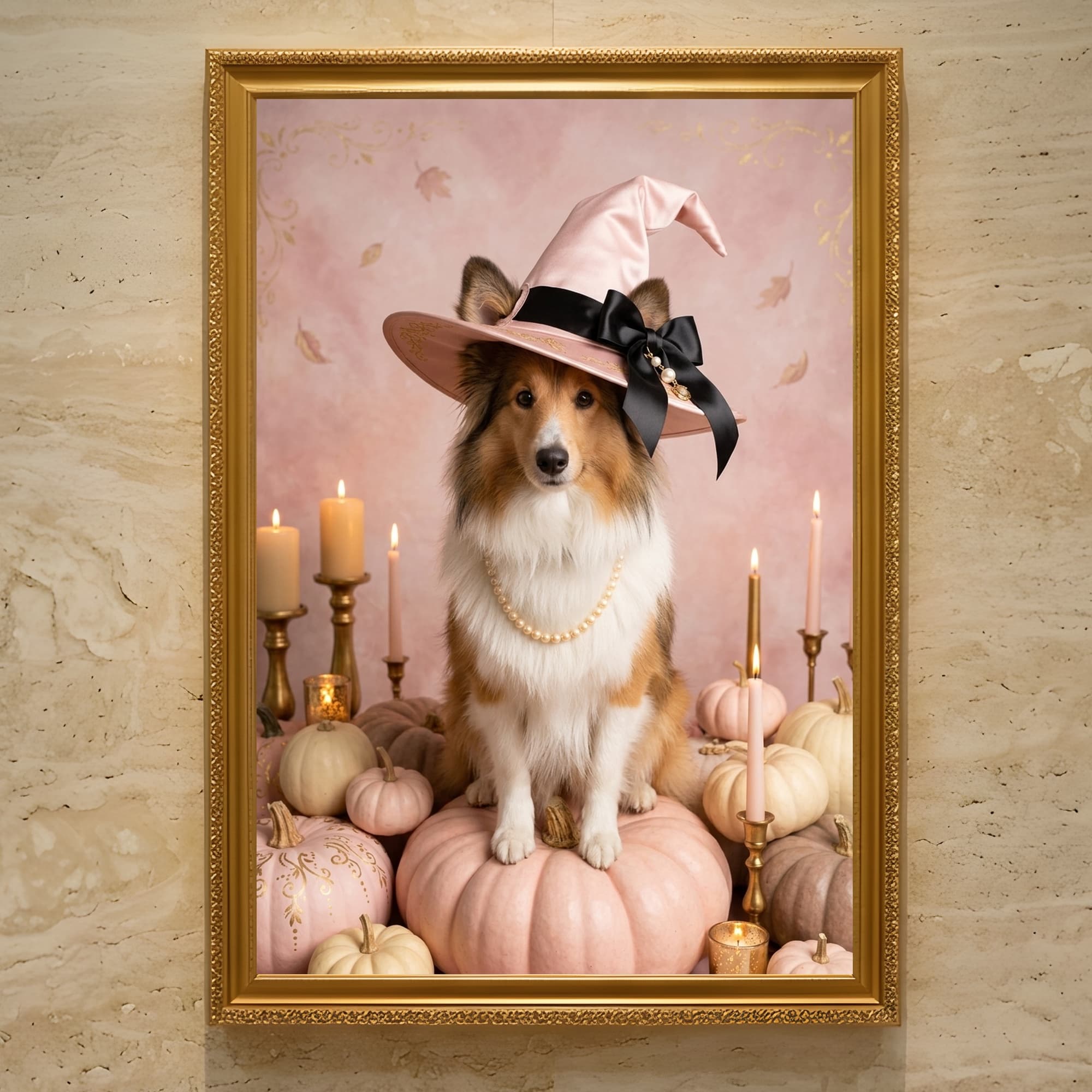 シェットランドシープドッグのかぼちゃとキャンドルの油絵風アートハロウィン額装プリント(A3サイズ)
