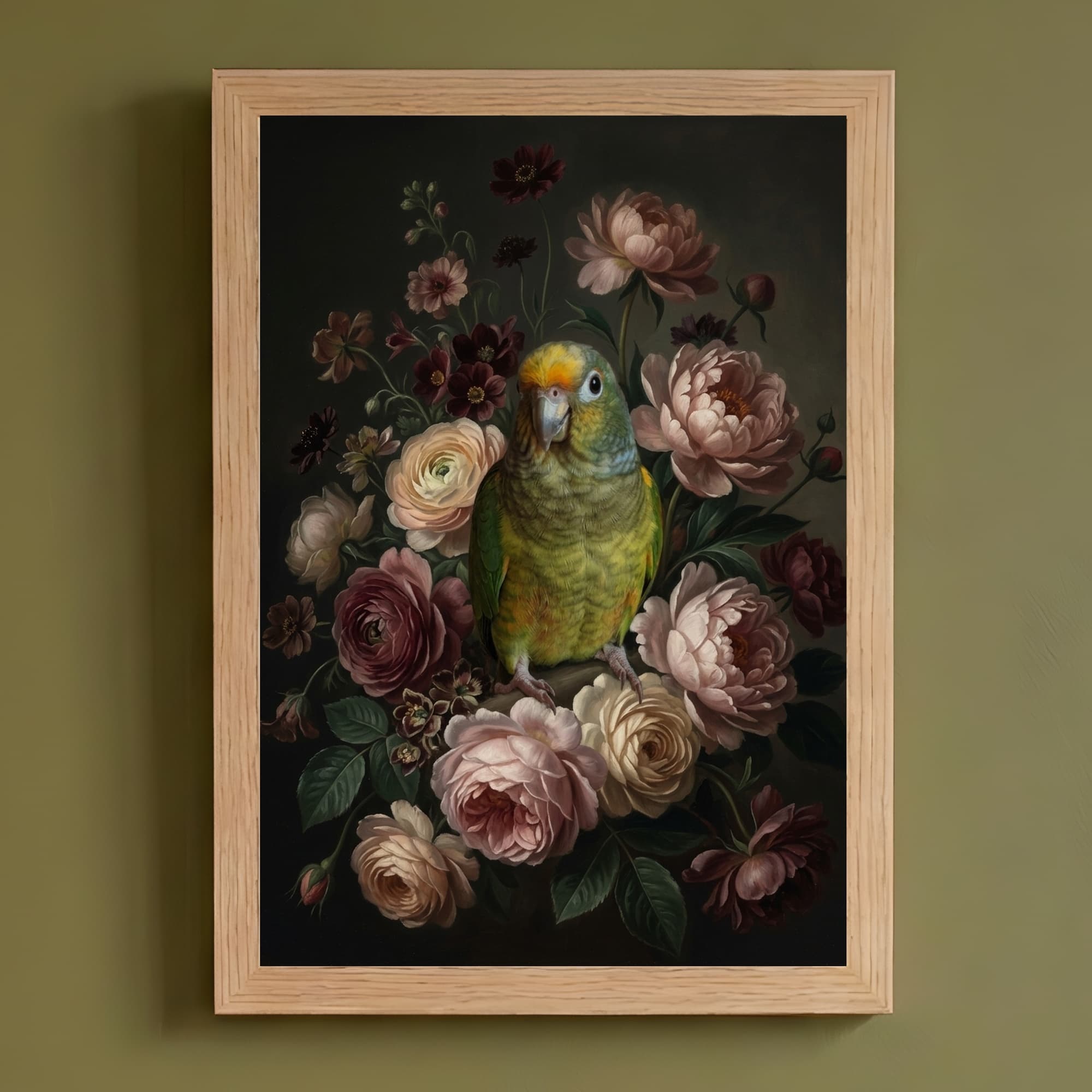 メイヤーズパロットの花の油絵風アート花柄額装プリント(A4サイズ)