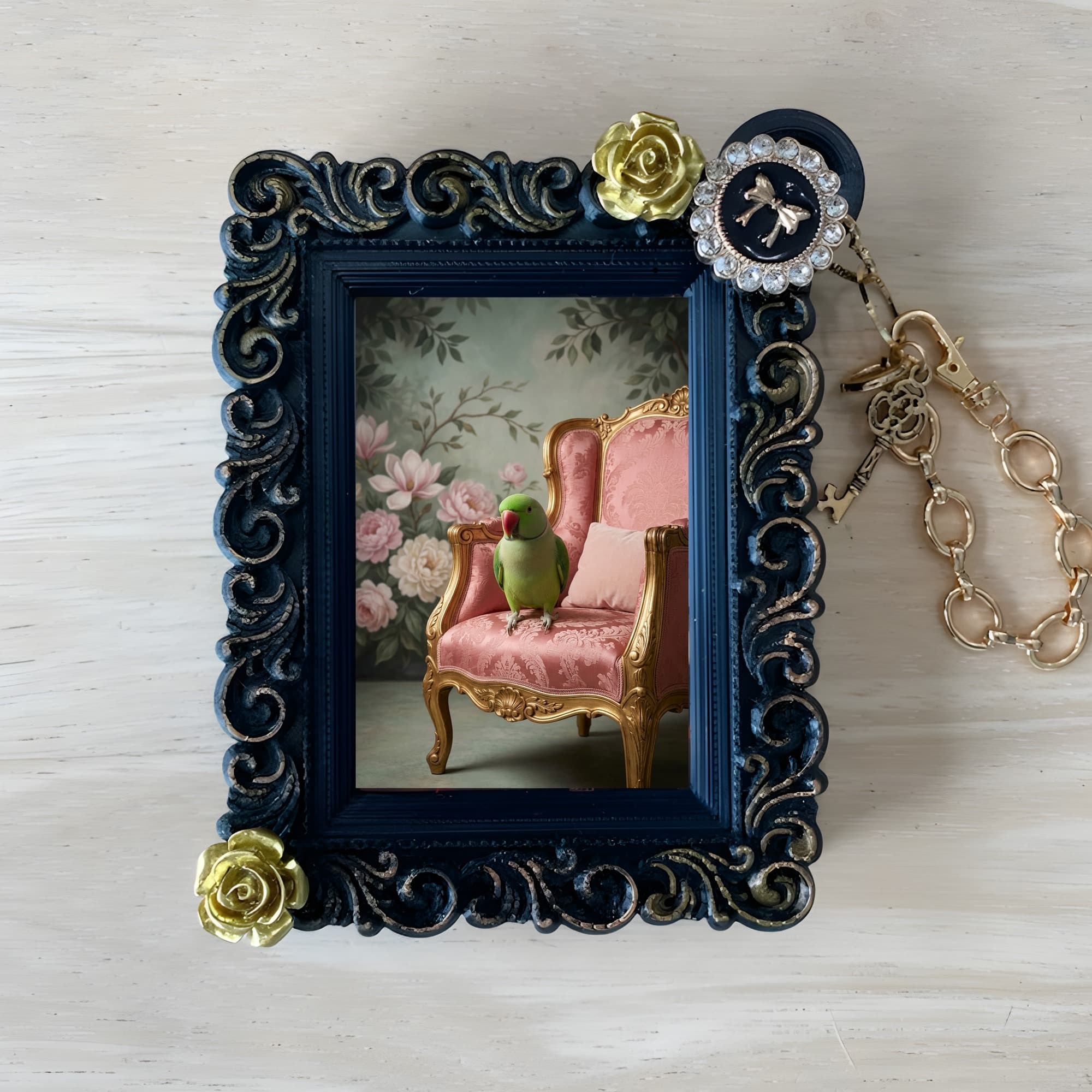Alexandrine Parakeet Shabby Pink Oil-Painting Rococo Bag Charm (Black)