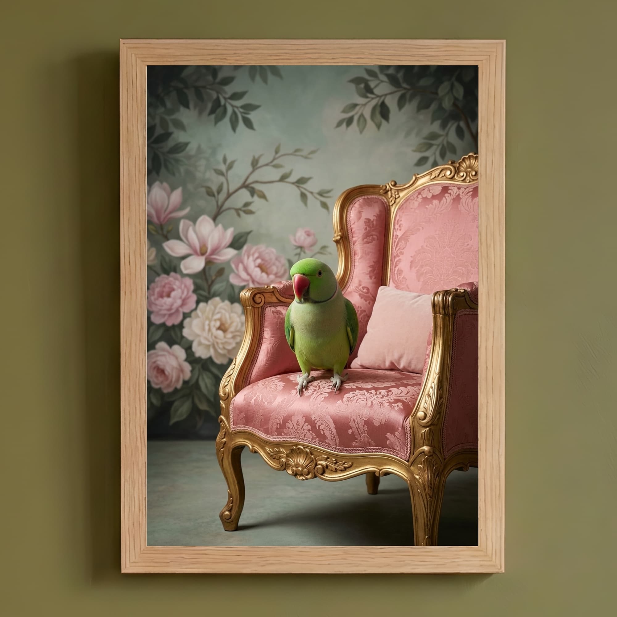 Alexandrine Parakeet Shabby Pink Oil-Painting Rococo Framed Art Print (A4)