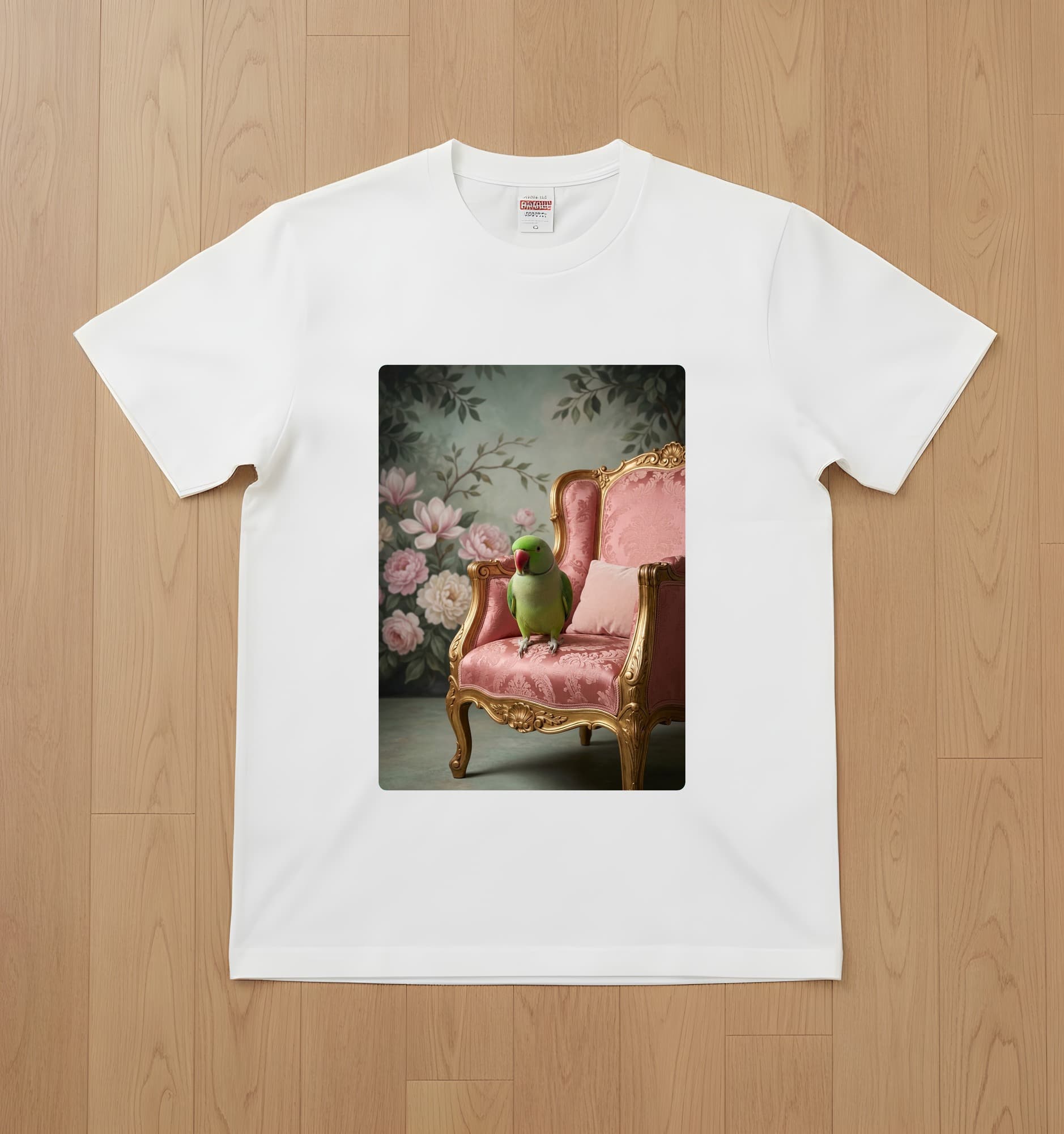 Alexandrine Parakeet Shabby Pink Oil-Painting Rococo T-Shirt (White)