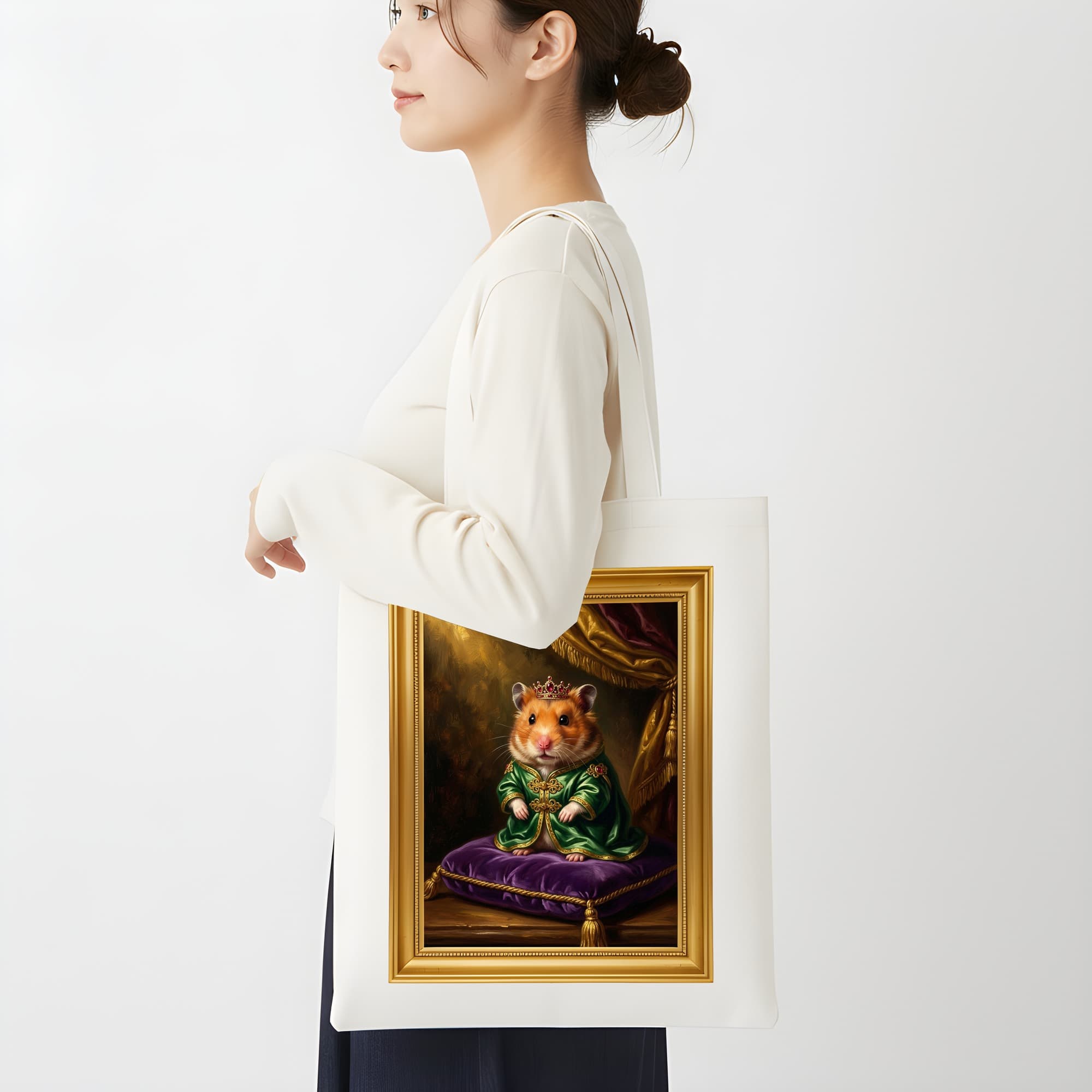 ゴールデンハムスターのルネサンス肖像画トートバッグ(モノクロプリント・額縁デザインあり) 2