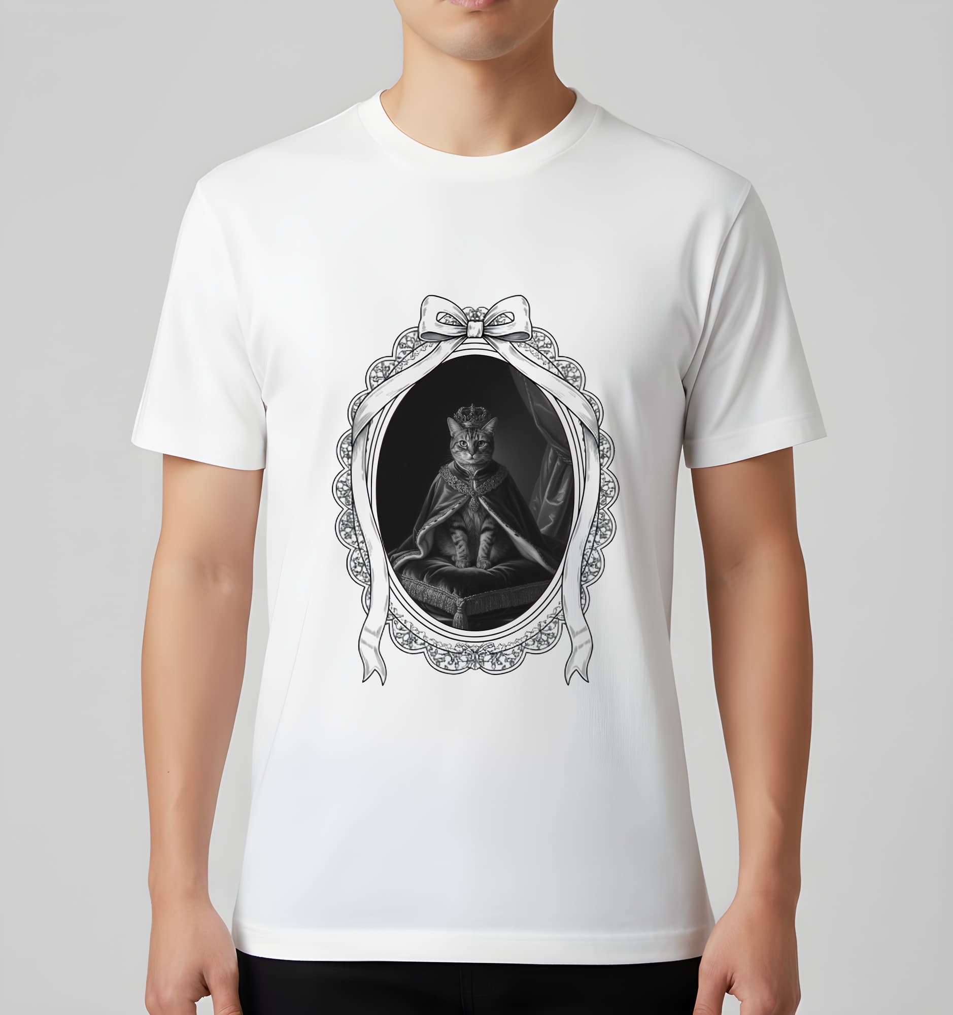 アメリカンショートヘアのルネサンス肖像画Tシャツ(ホワイト・モノクロプリント・額縁デザインあり) 3