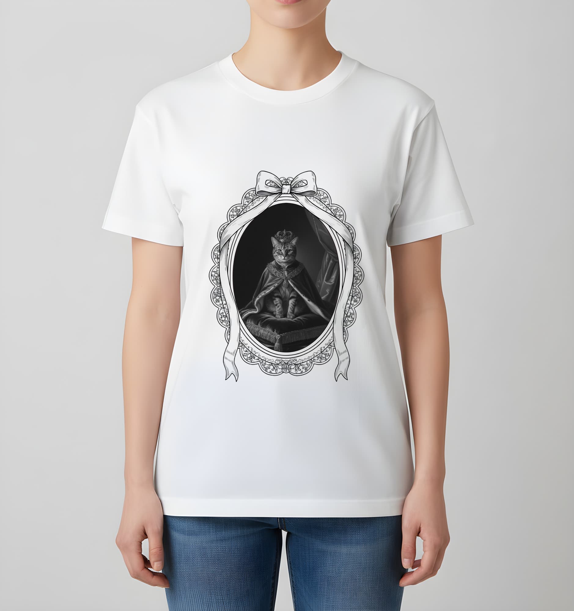アメリカンショートヘアのルネサンス肖像画Tシャツ(ホワイト・モノクロプリント・額縁デザインあり) 4