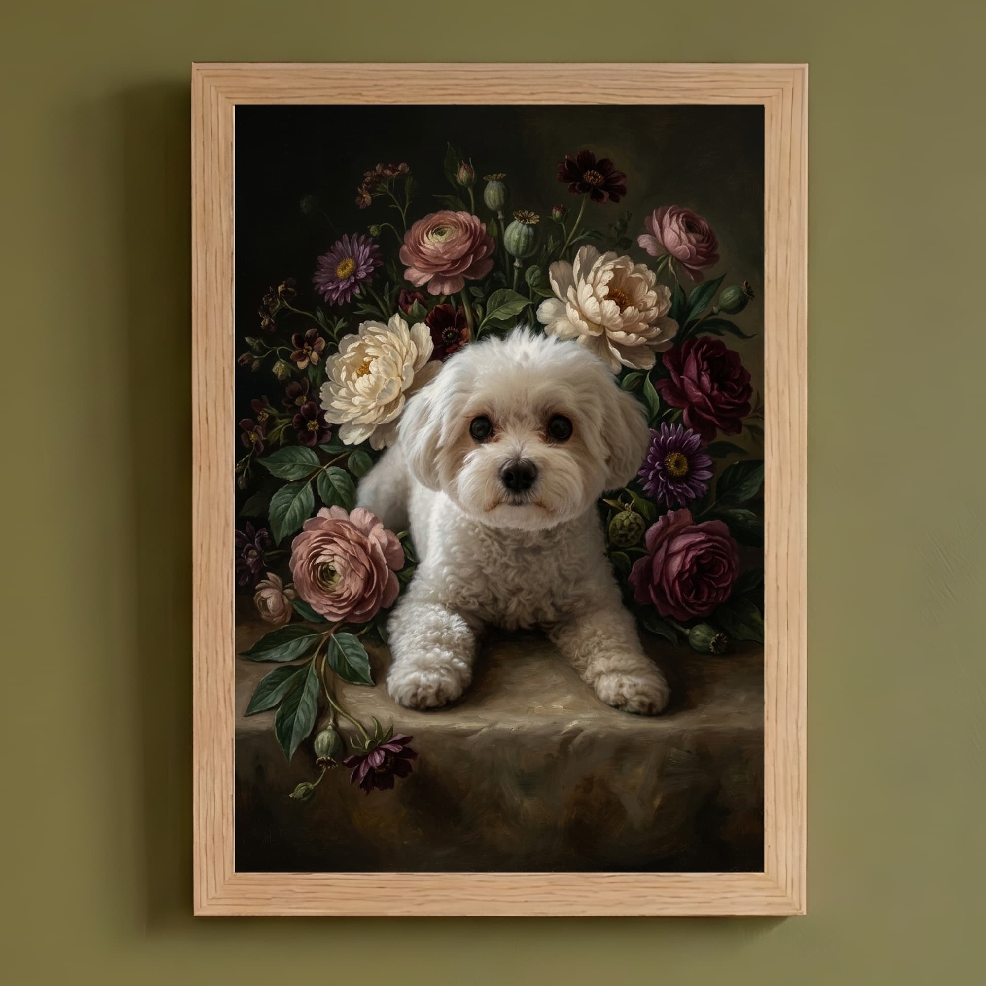 マルチーズの花の油絵風アート花柄額装プリント(A4サイズ)