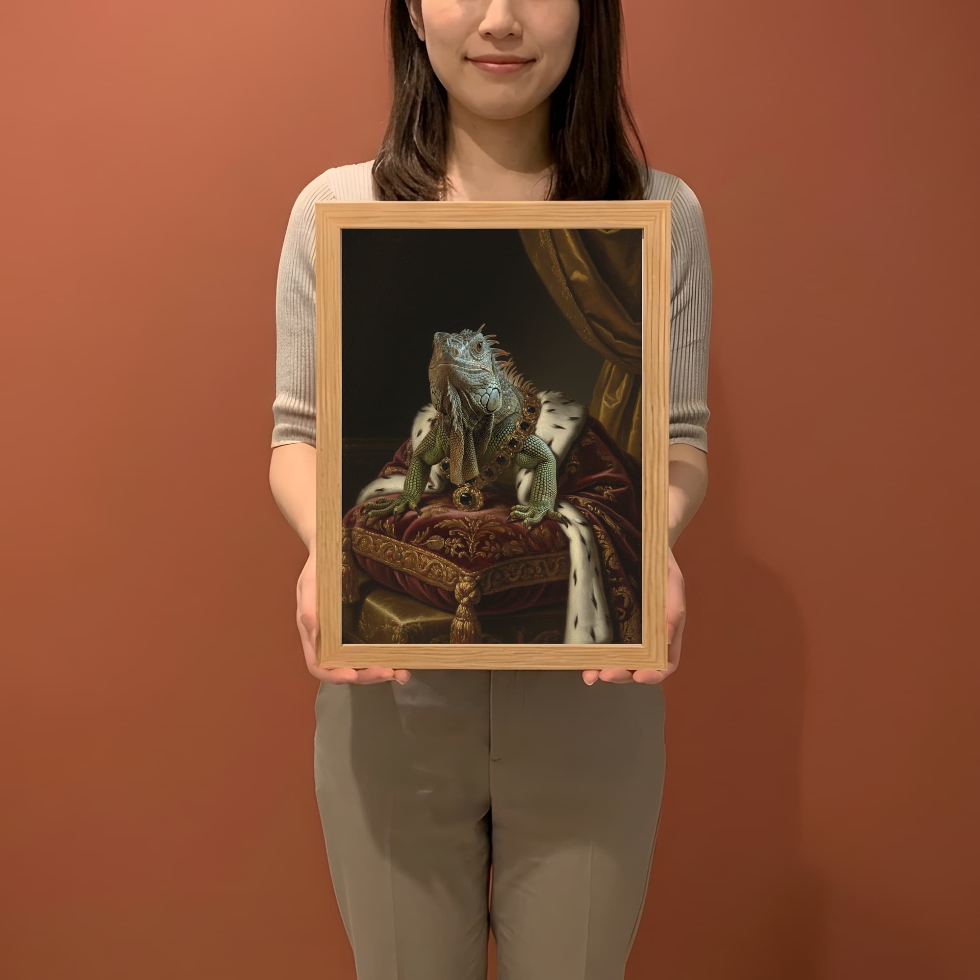 グリーンイグアナのルネサンス肖像画額装プリント(A4サイズ) 2