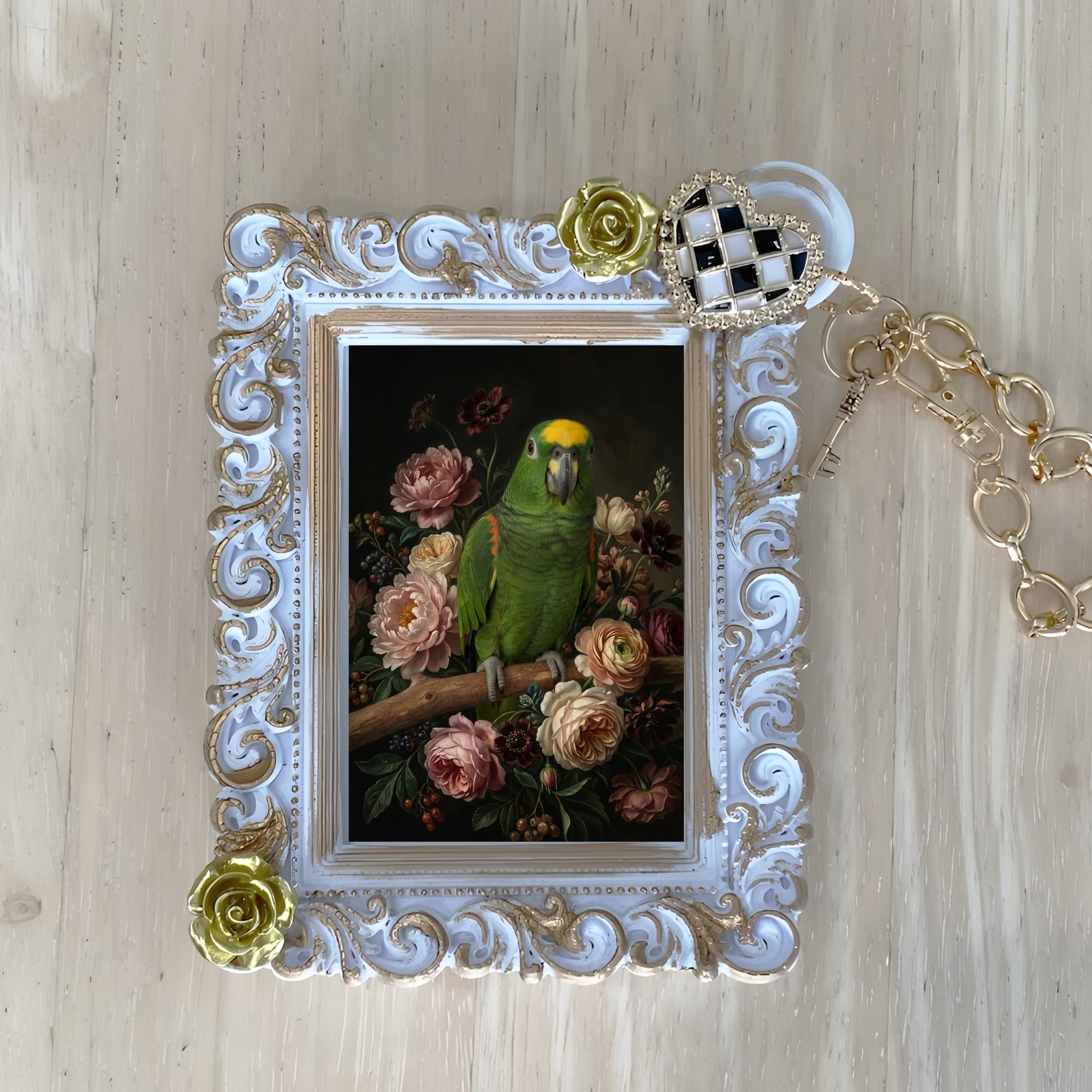 キエリボウシインコの花の油絵風アート花柄バッグチャーム(ホワイト)