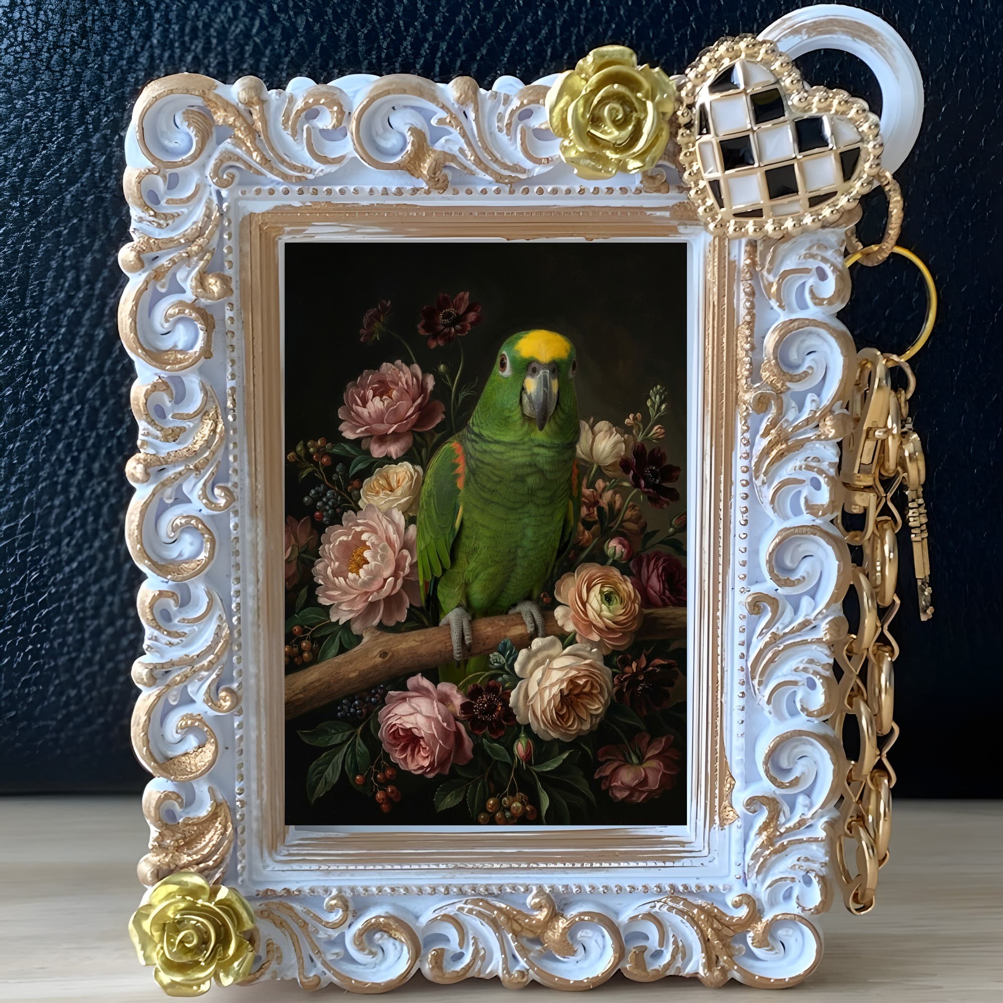キエリボウシインコの花の油絵風アート花柄バッグチャーム(ホワイト) 2