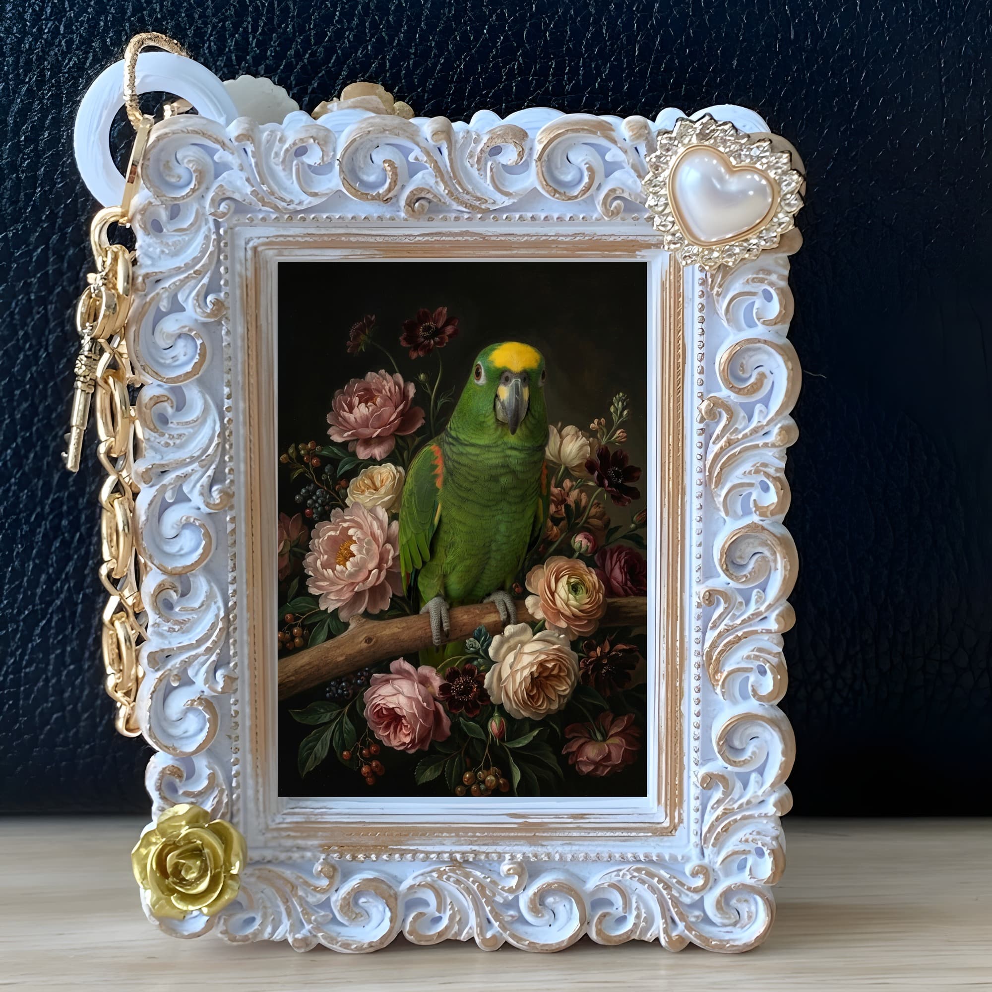 キエリボウシインコの花の油絵風アート花柄バッグチャーム(ホワイト) 5