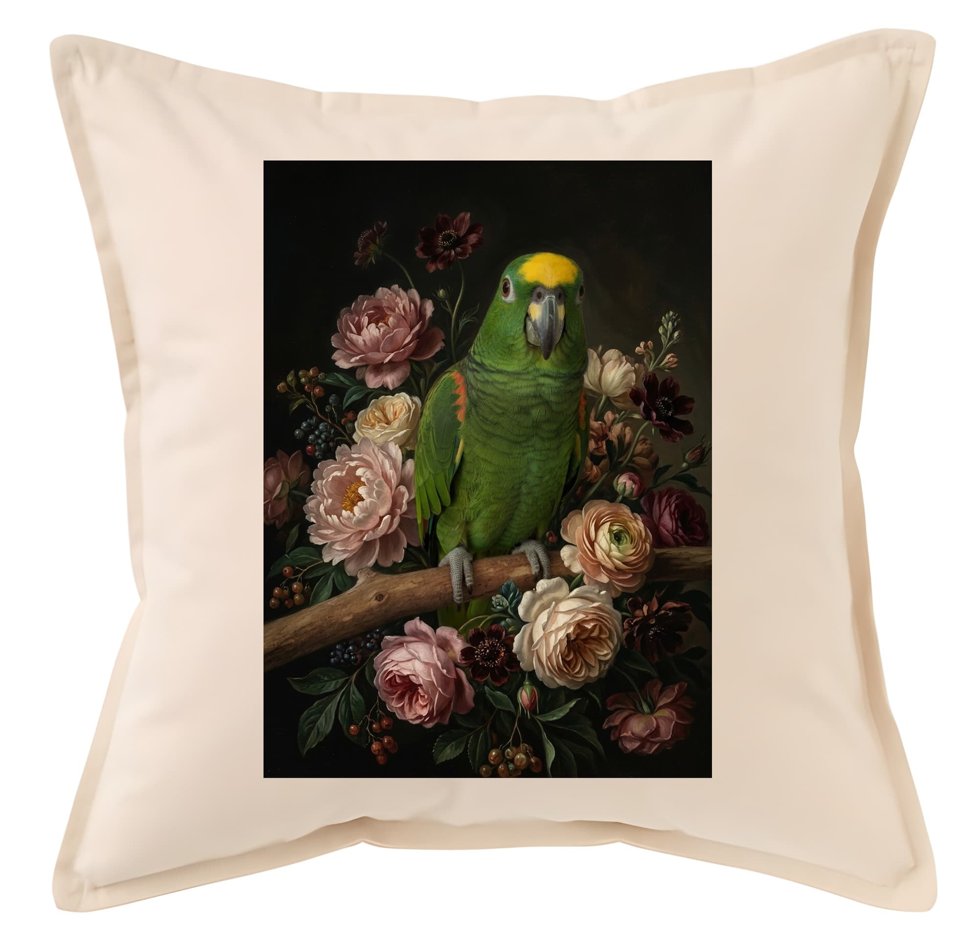 キエリボウシインコの花の油絵風アート花柄クッション