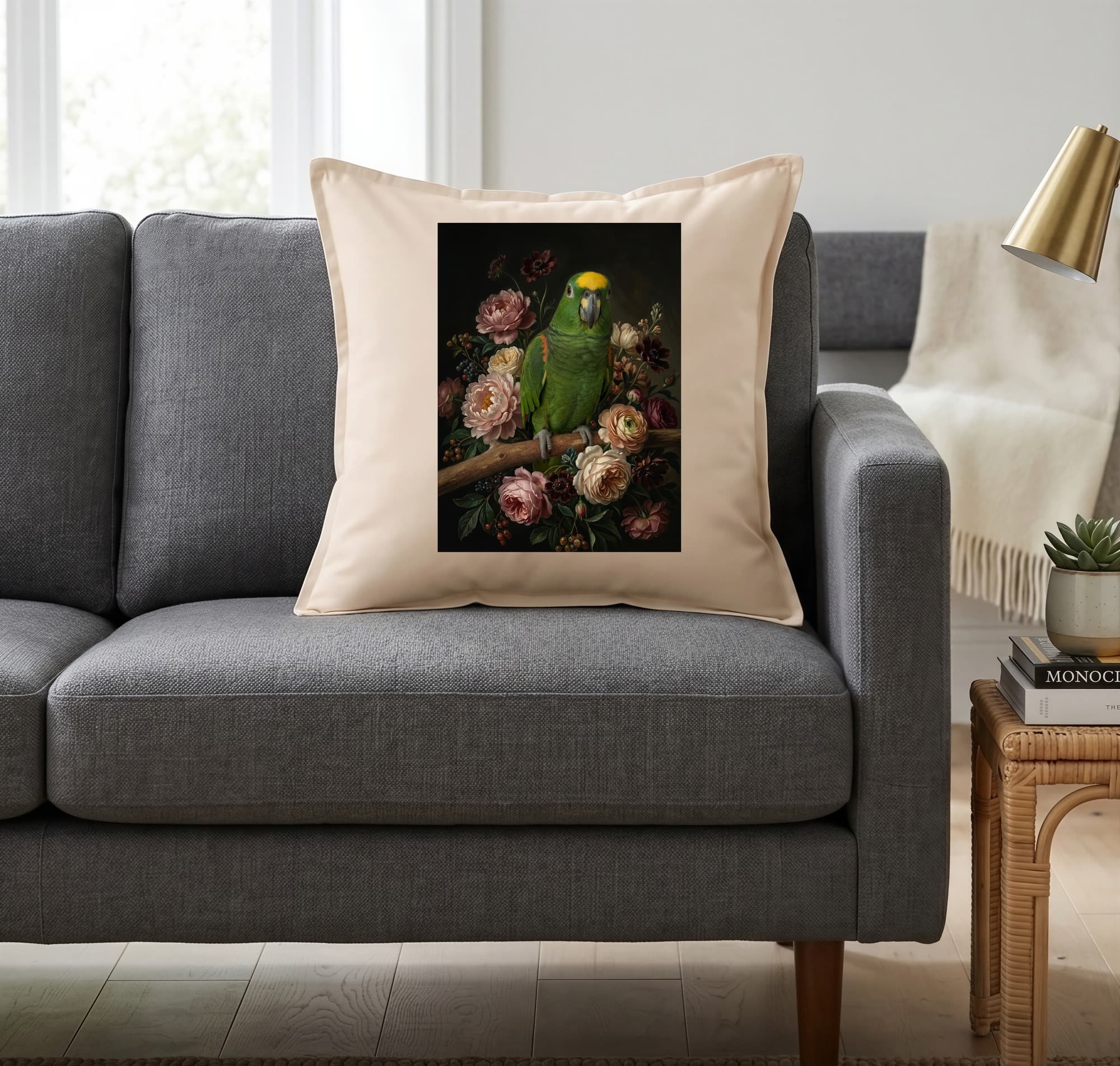 キエリボウシインコの花の油絵風アート花柄クッション 2