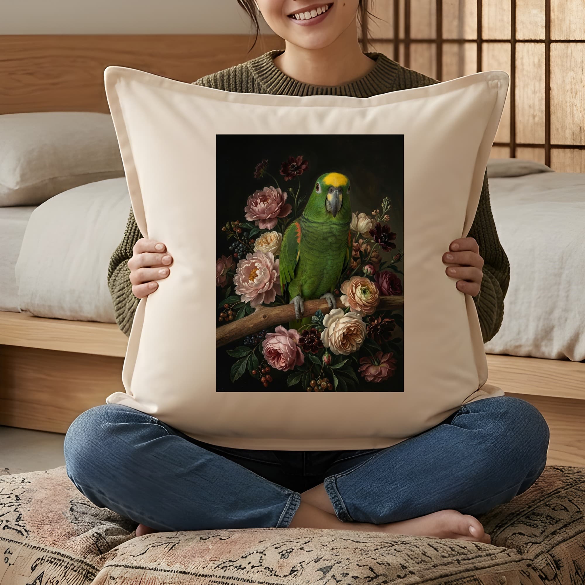 キエリボウシインコの花の油絵風アート花柄クッション 3