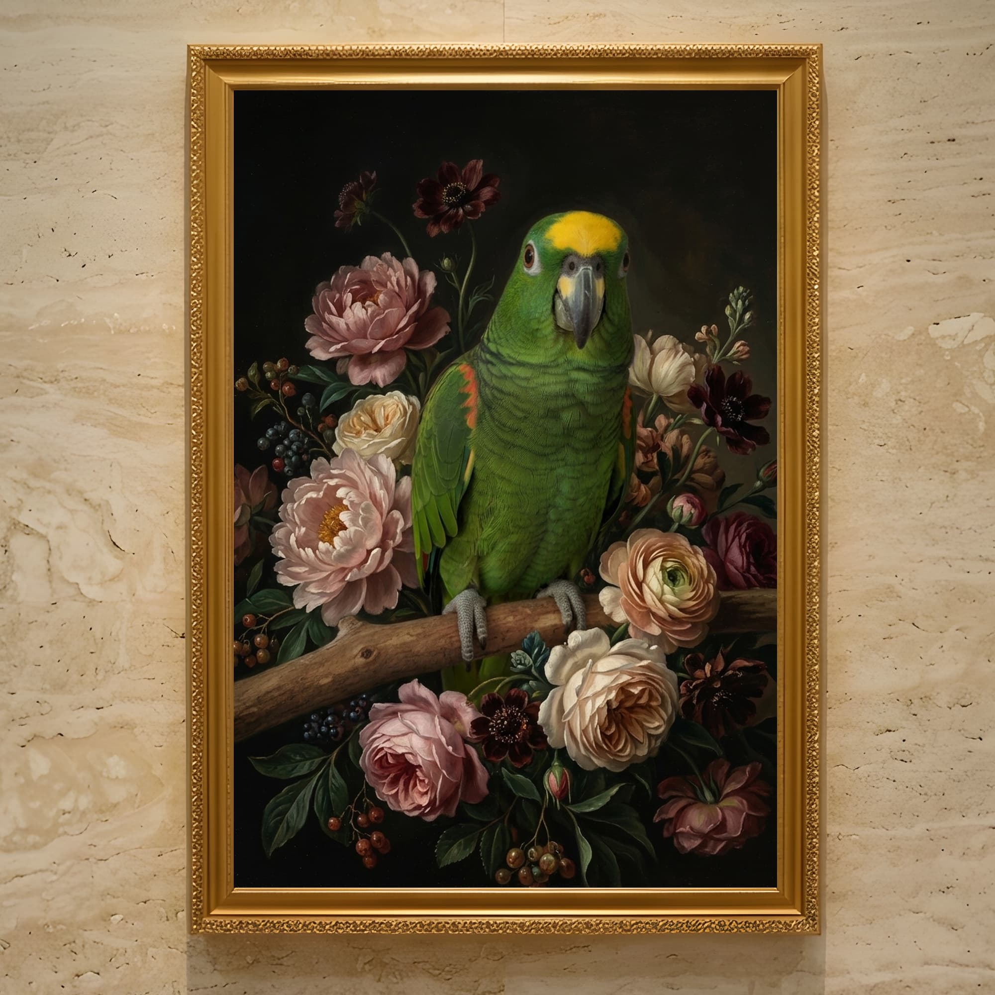 Yellow-naped Amazon Floral Oil-Painting Floral Framed Art Print (A3)