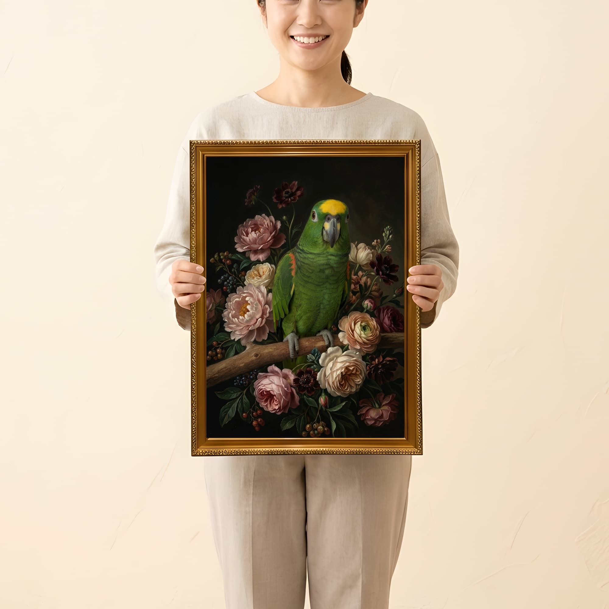 Yellow-naped Amazon Floral Oil-Painting Floral Framed Art Print (A3) 2