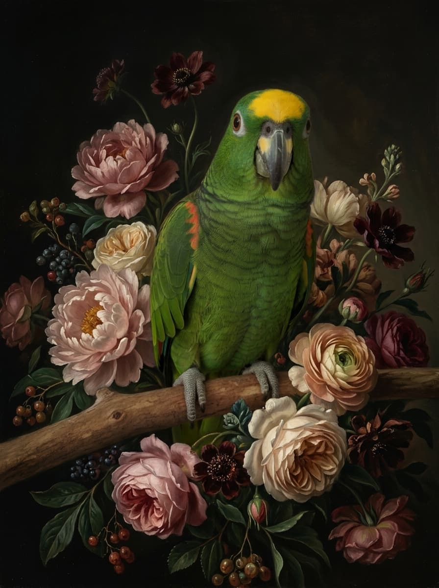 Yellow-naped Amazon Floral Oil-Painting Floral Framed Art Print (A3) 4