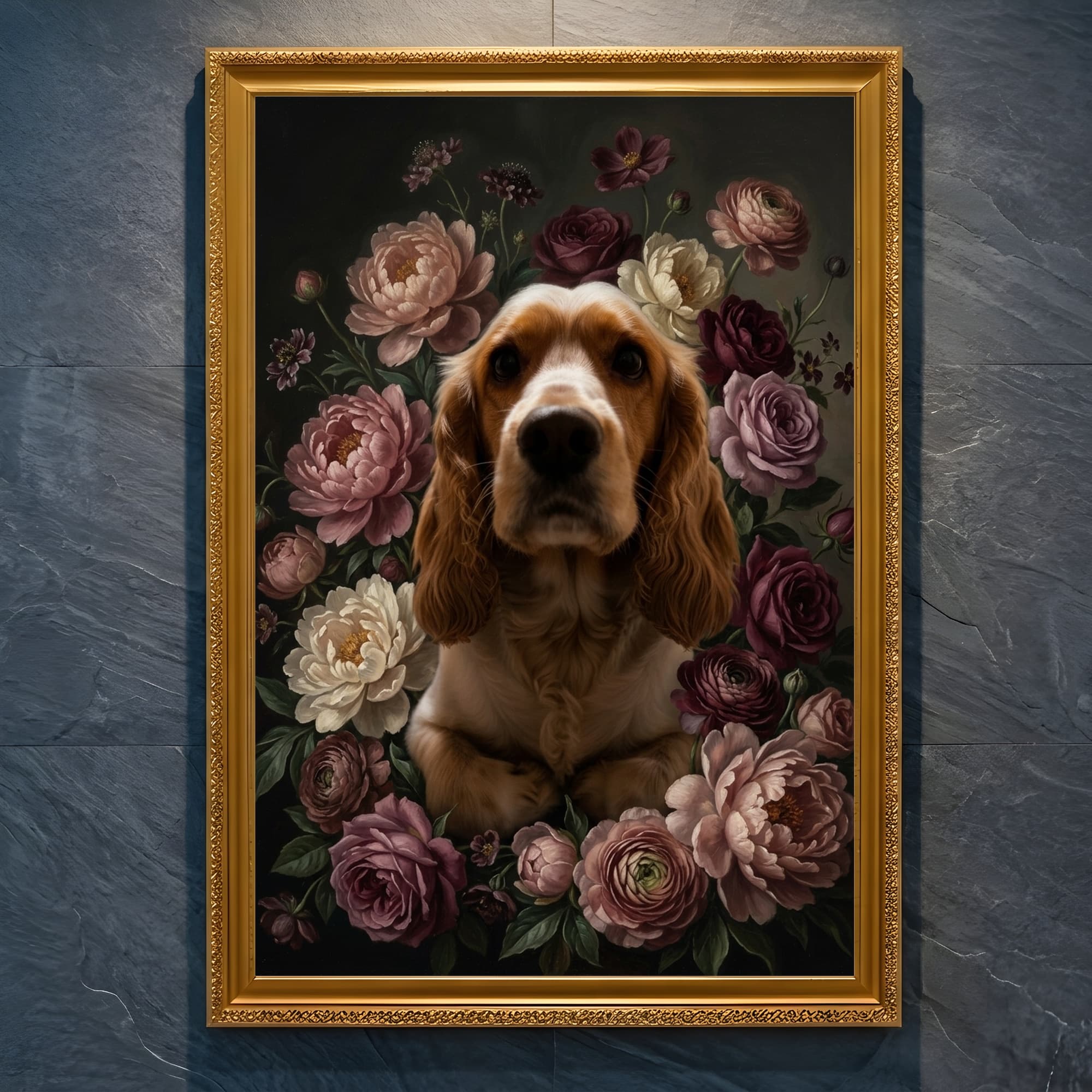 cocker spaniel Floral Oil-Painting Floral Framed Art Print (A4 Gold)