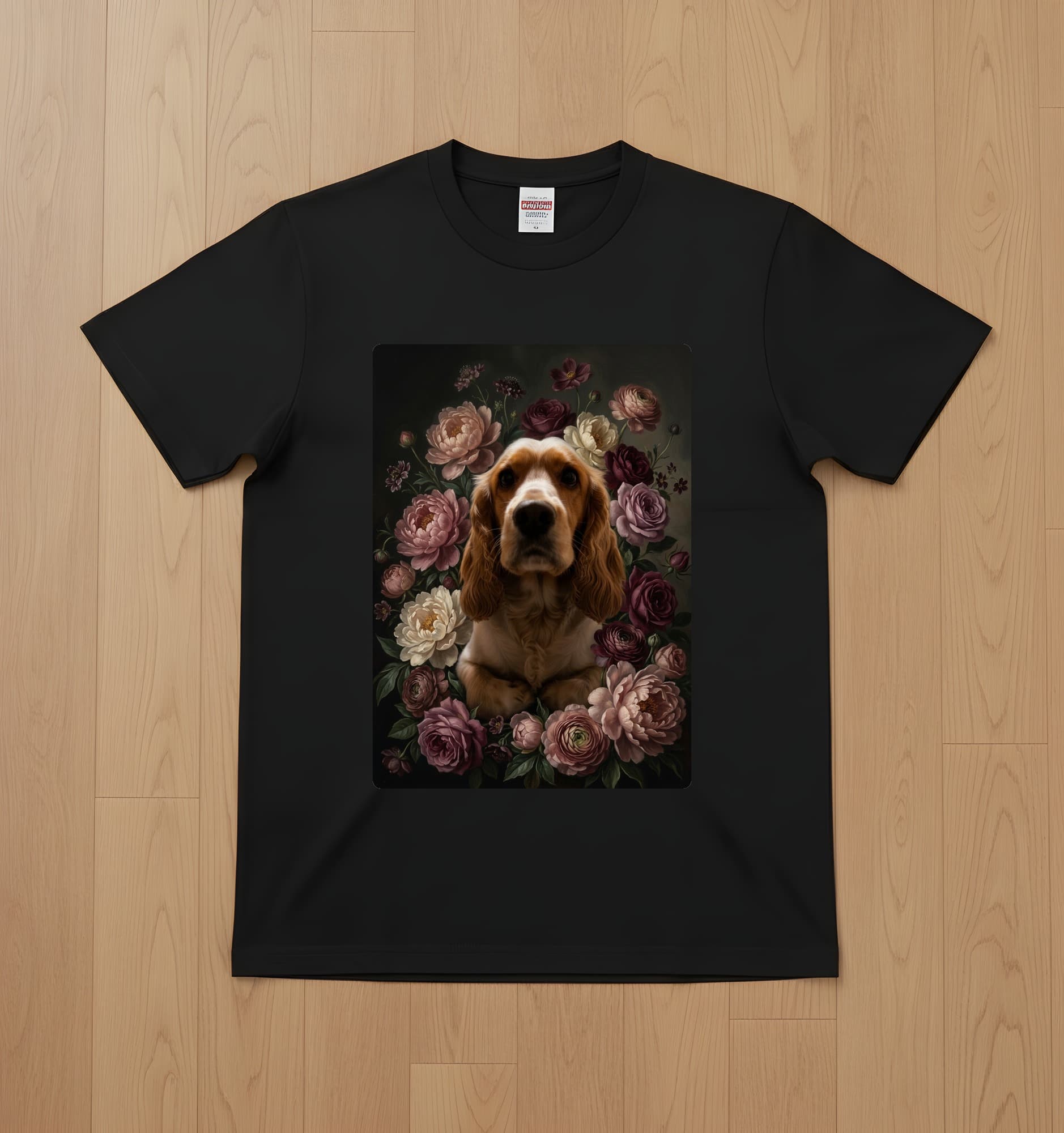 コッカースパニエルの花の油絵風アート花柄Tシャツ(ブラック)