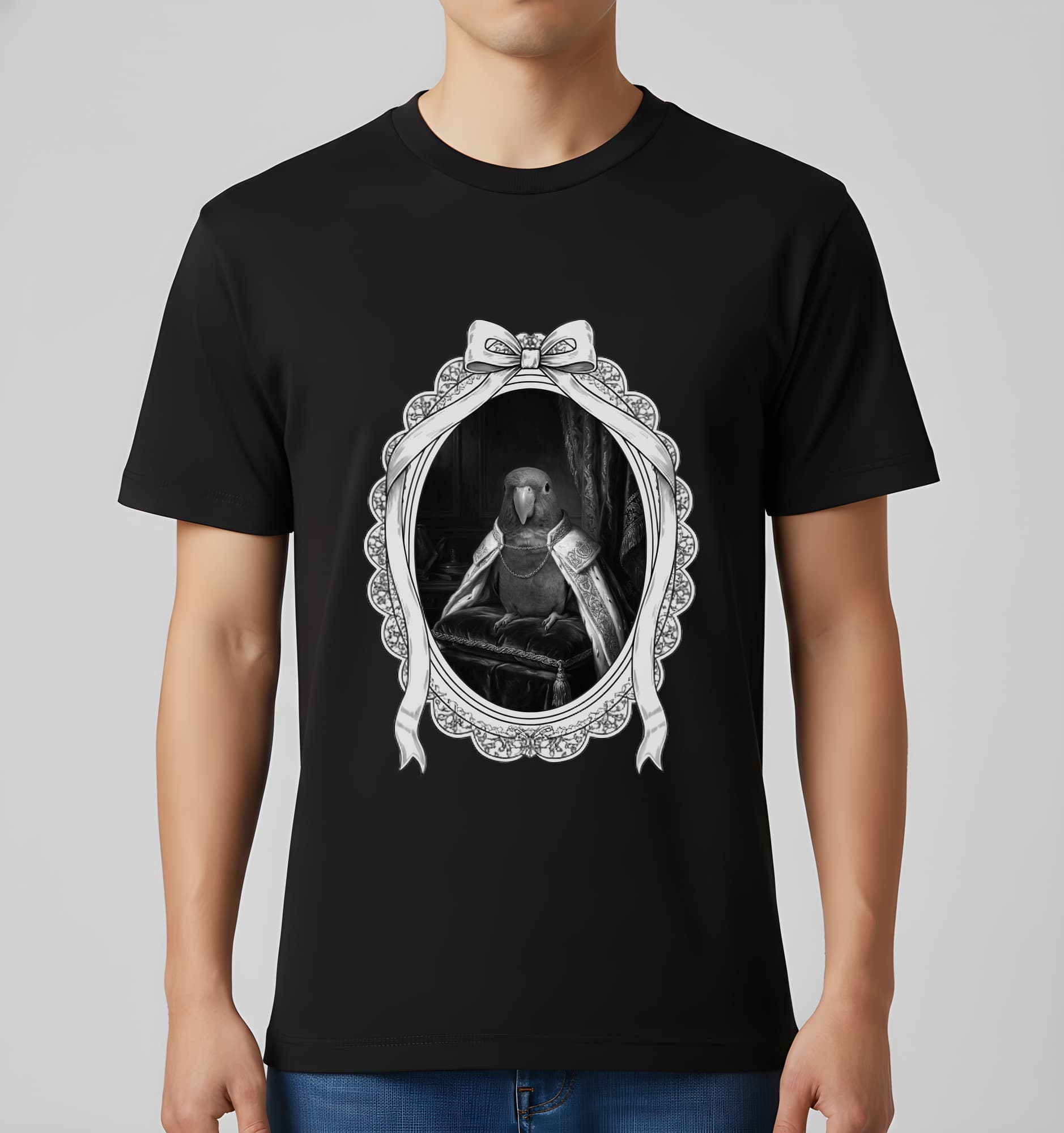 アカハラインコのルネサンス肖像画Tシャツ(ブラック・モノクロプリント・額縁デザインあり) 2