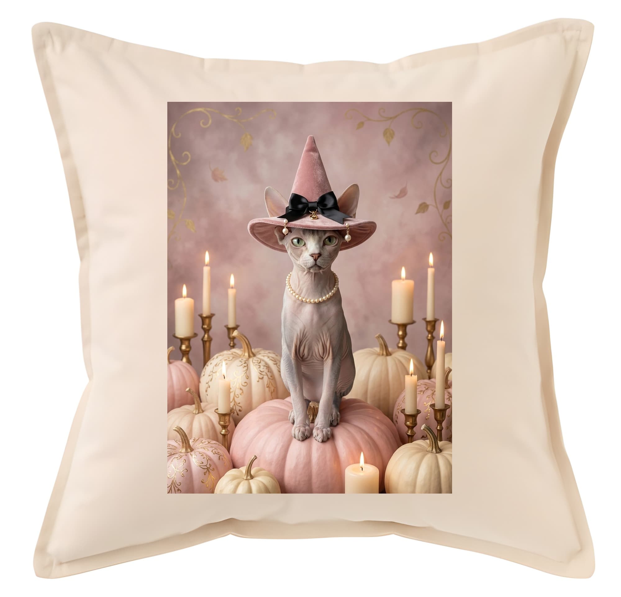 Sphynx Pumpkin & Candlelight Oil-Painting Halloween Cushion