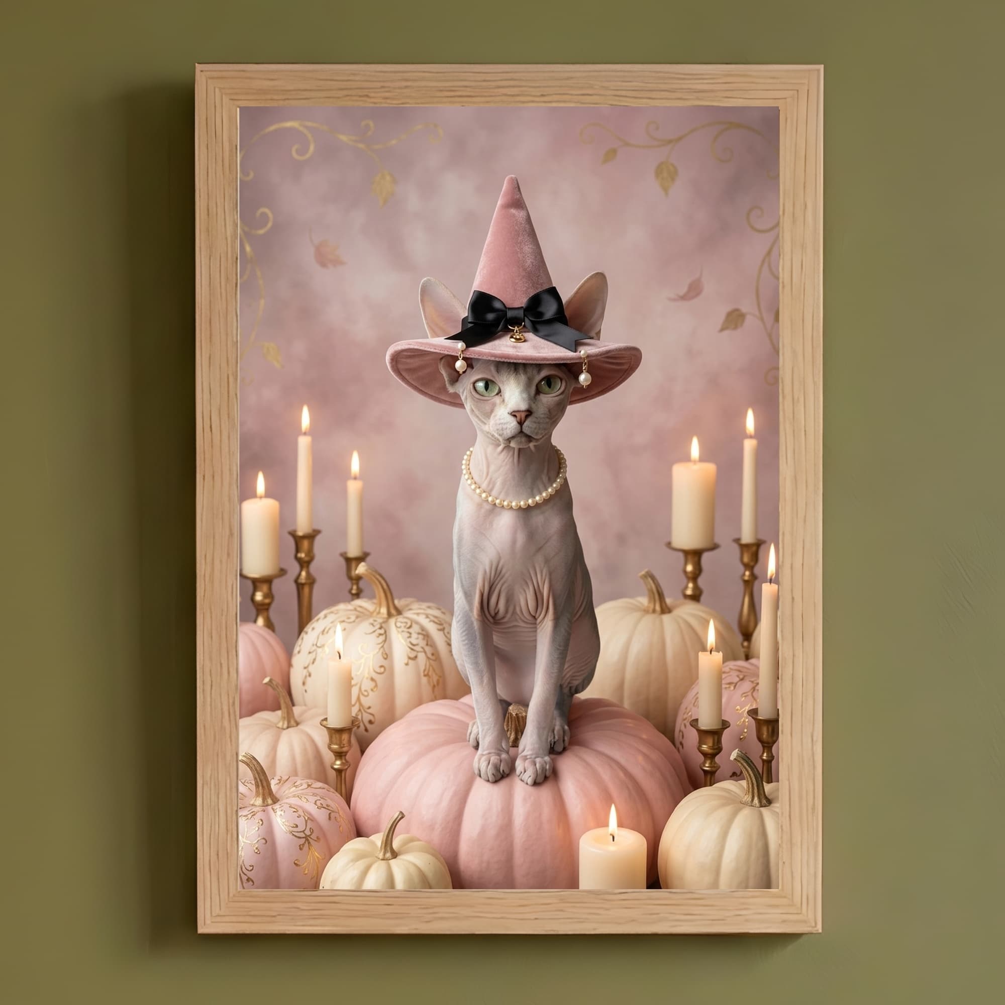 スフィンクスのかぼちゃとキャンドルの油絵風アートハロウィン額装プリント(A4サイズ)